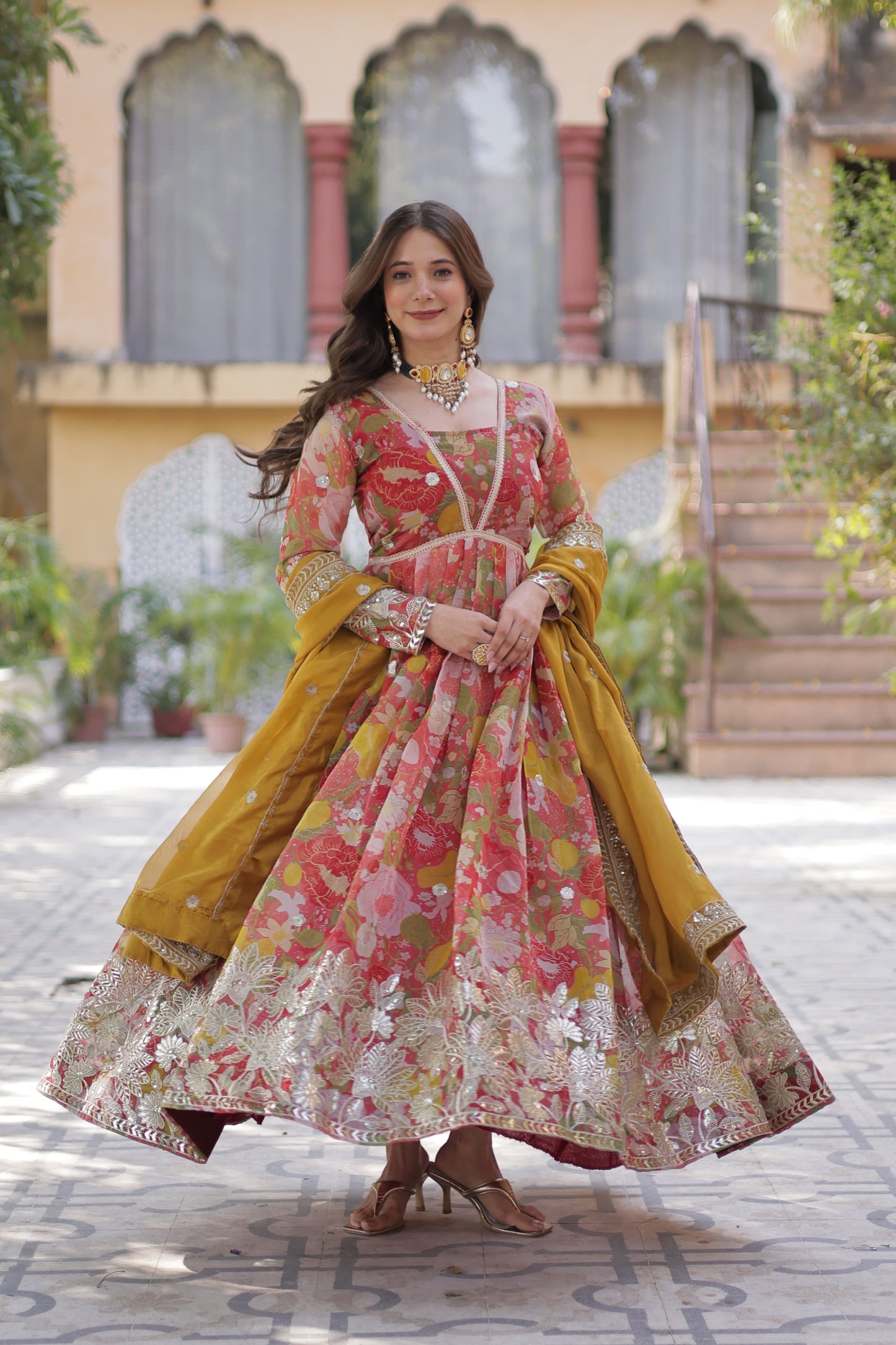 Digital Printed Russian Silk Sequins Work Gown With Dupatta
