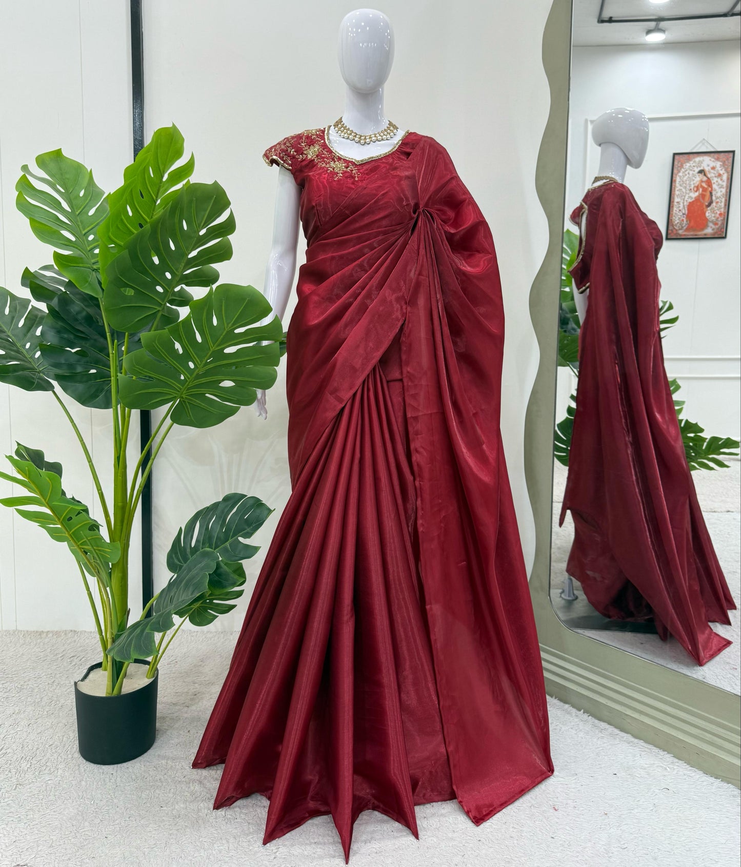 Maroon Plain Jimmy Chu Silk Saree