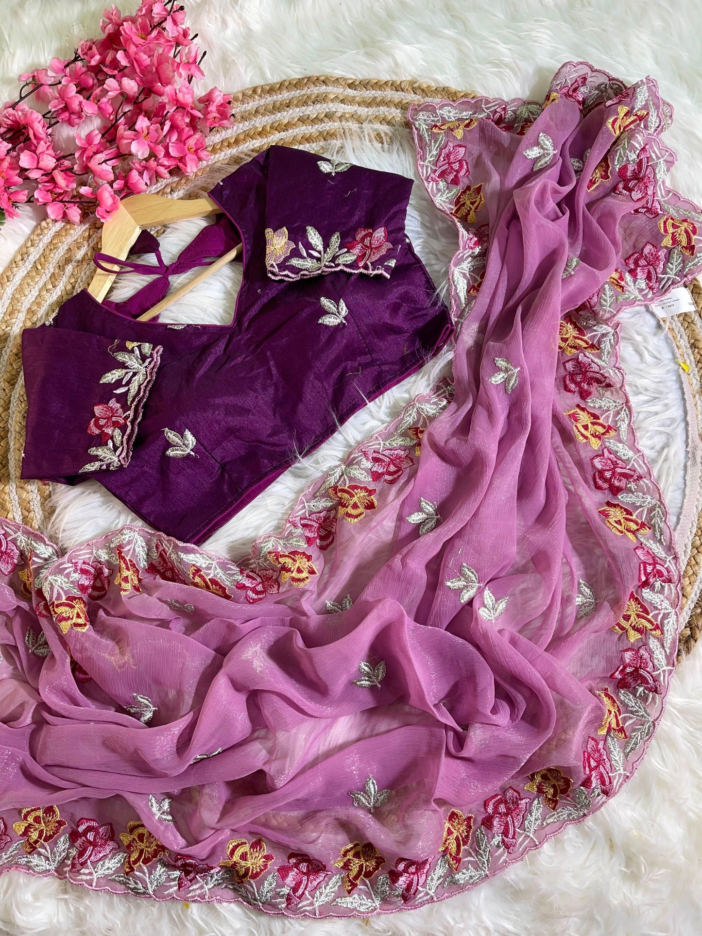 Flora Embroidery Shimmer Silk Saree with Blouse