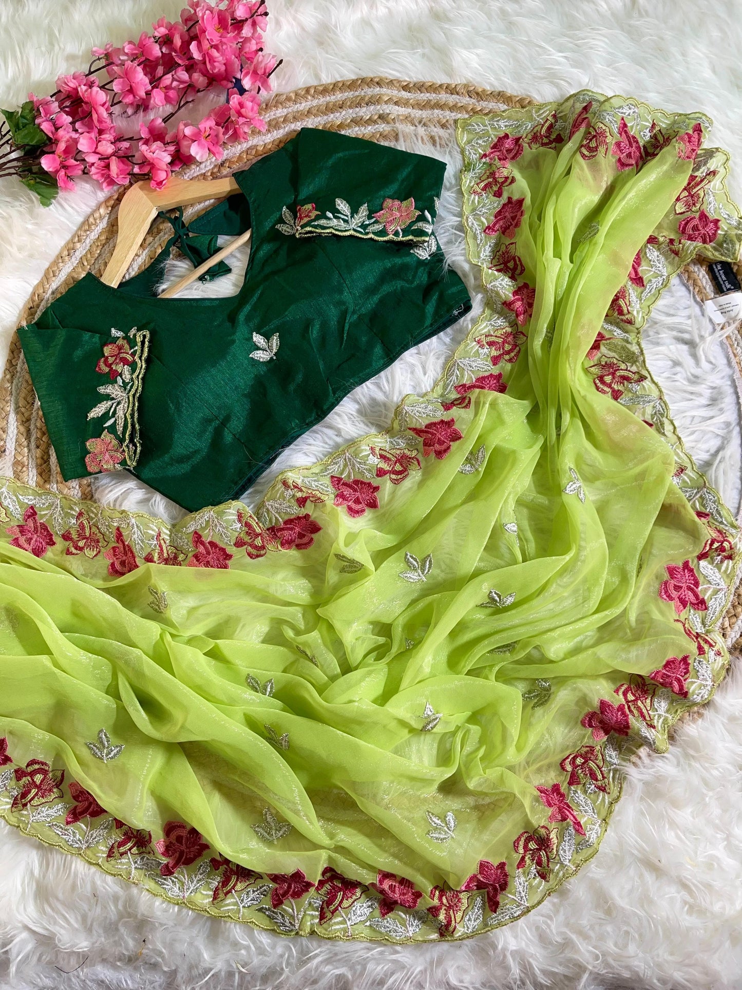 Flora Embroidery Shimmer Silk Saree with Blouse