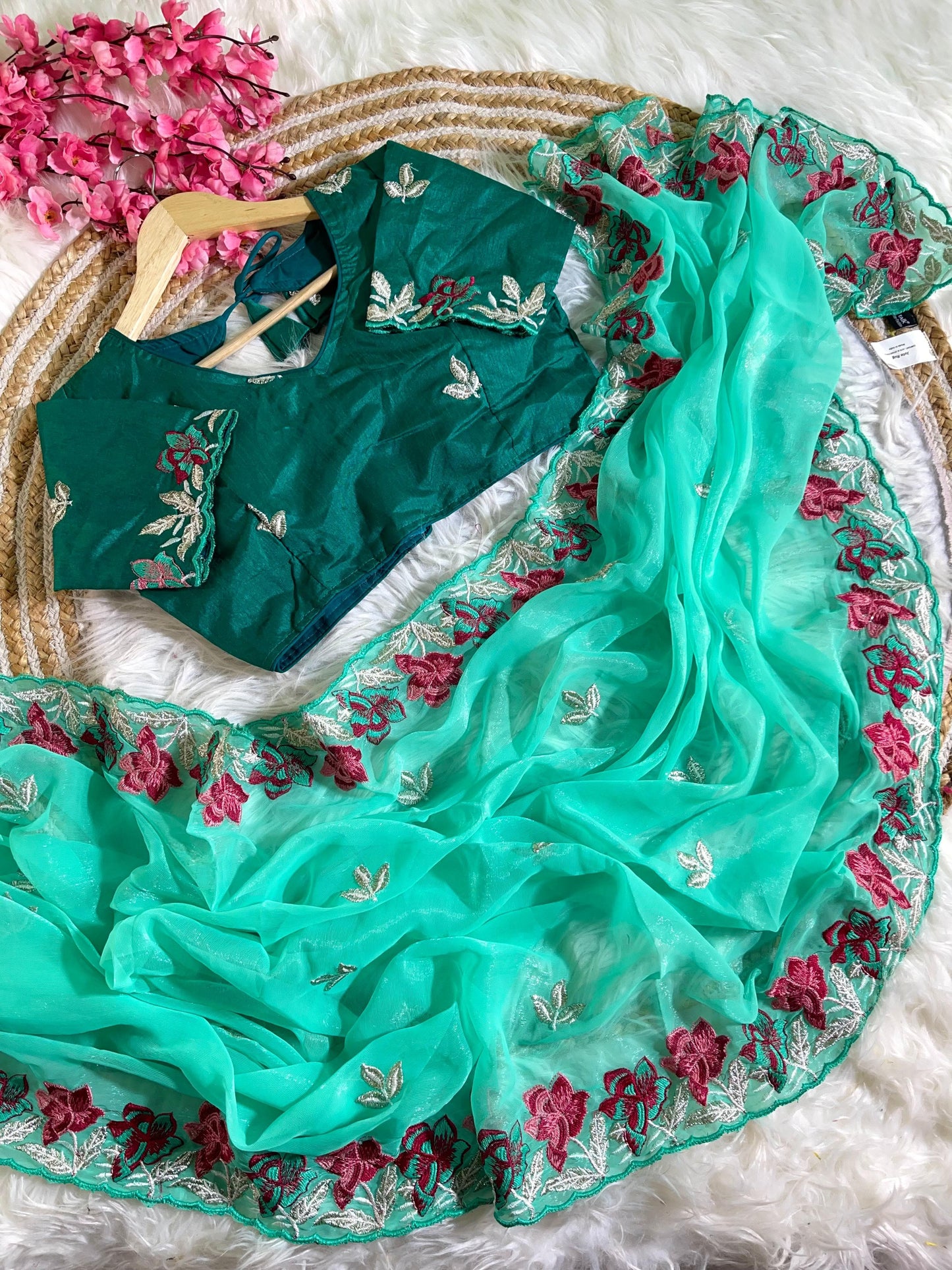 Flora Embroidery Shimmer Silk Saree with Blouse