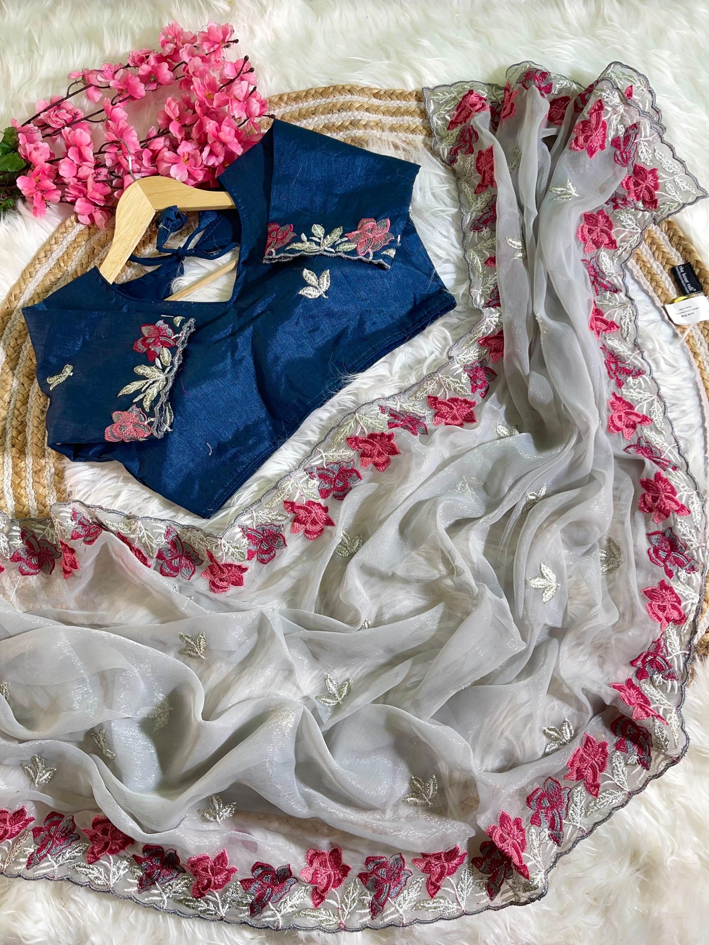 Flora Embroidery Shimmer Silk Saree with Blouse