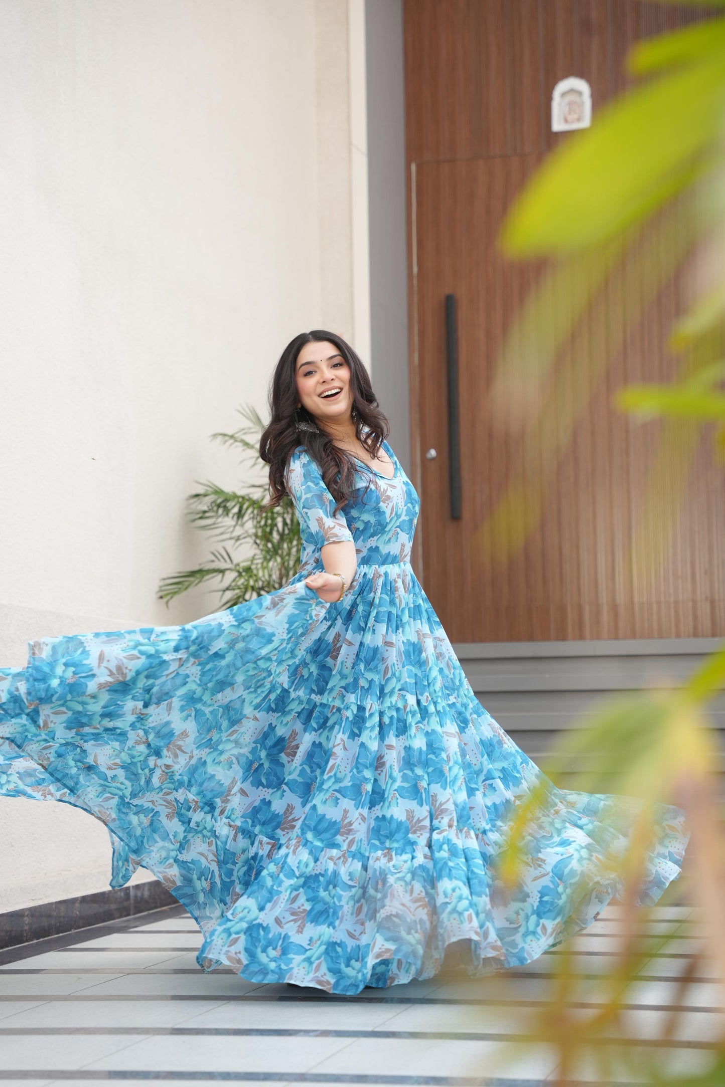 Printed Design Half Sleeves Gown
