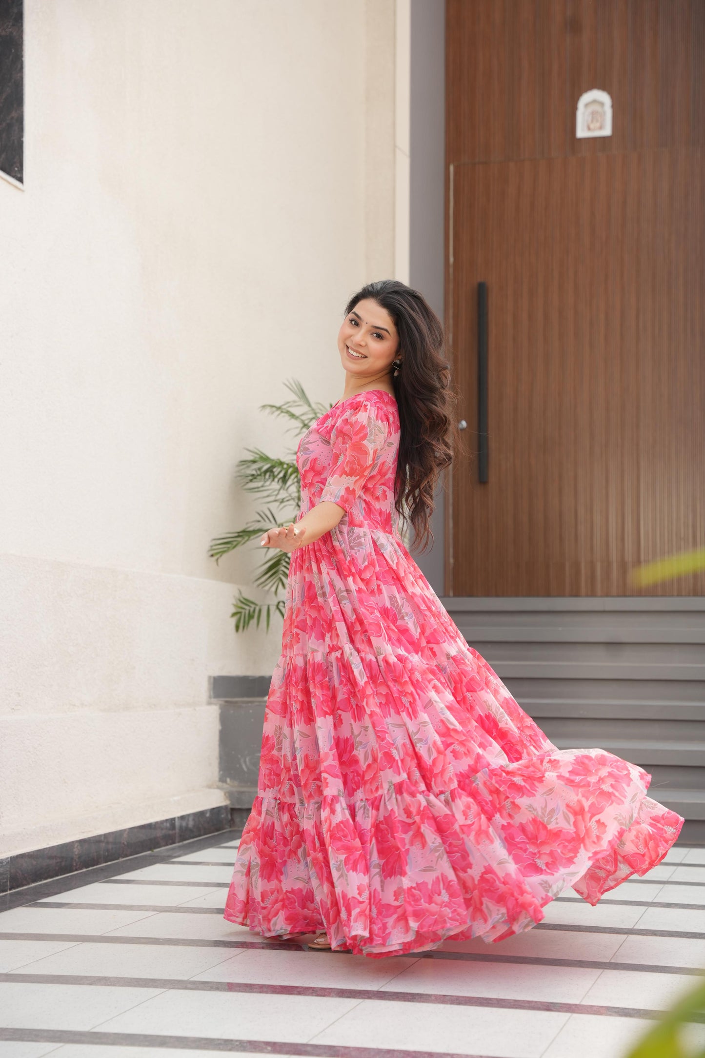 Printed Design Half Sleeves Gown