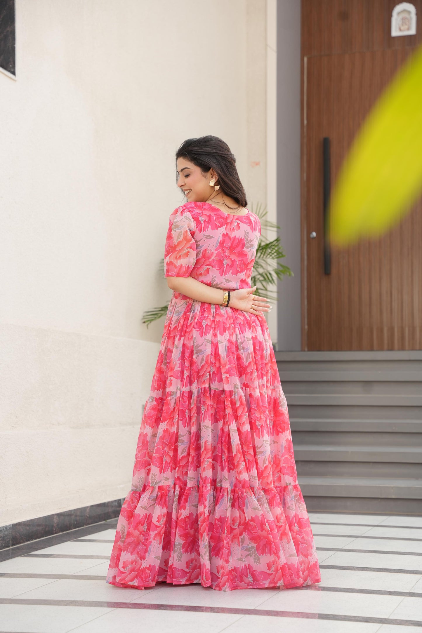 Printed Design Half Sleeves Gown