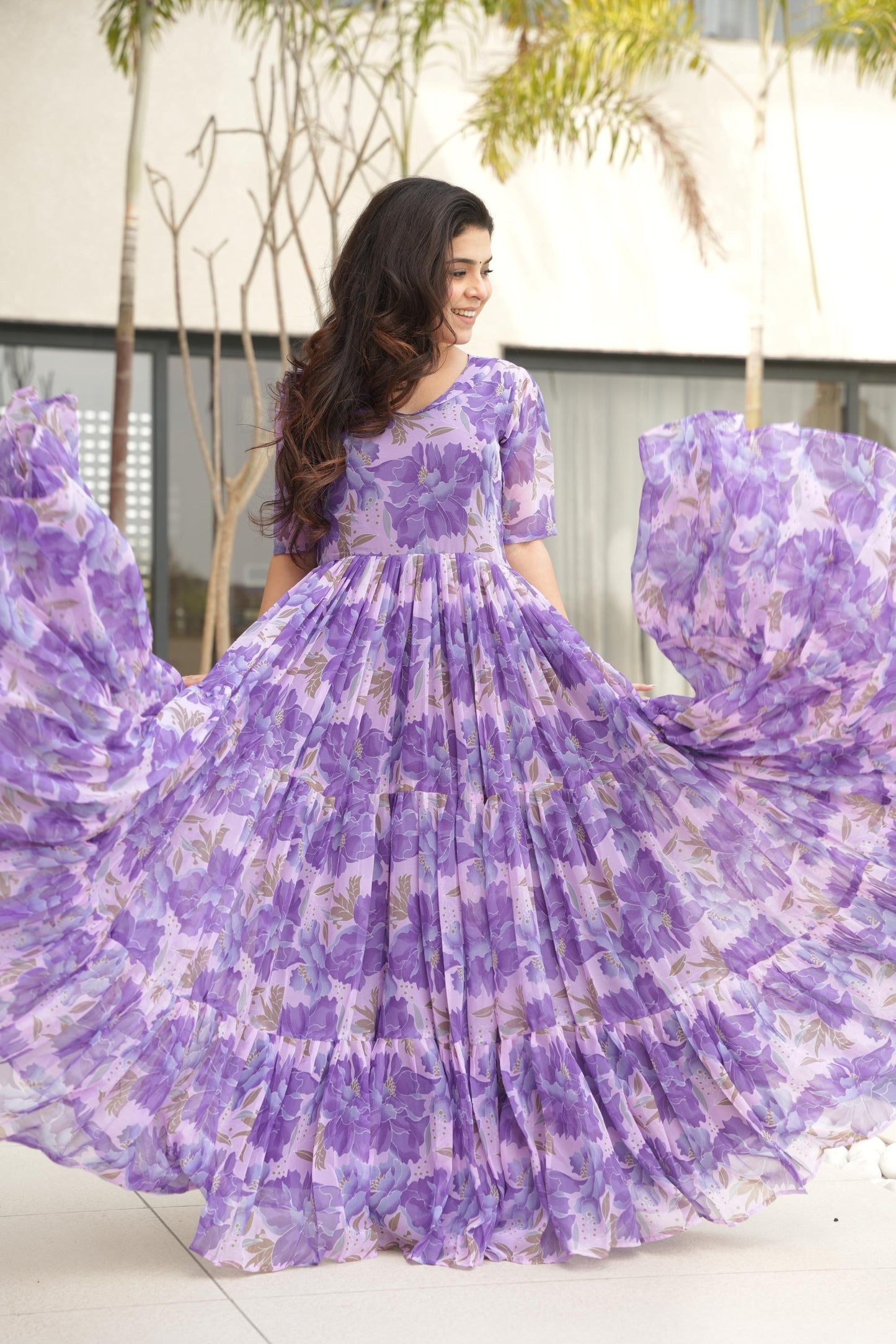 Printed Design Half Sleeves Gown