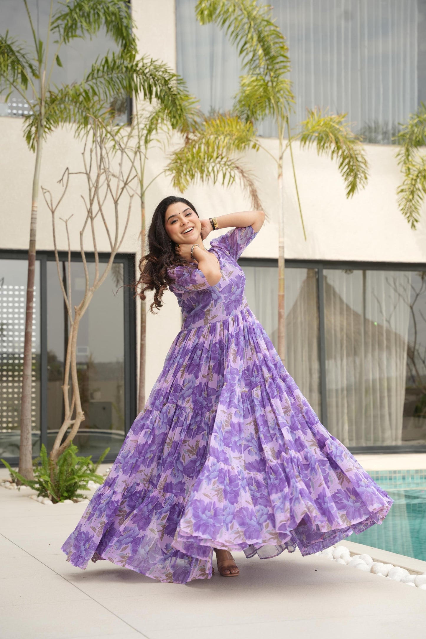 Printed Design Half Sleeves Gown