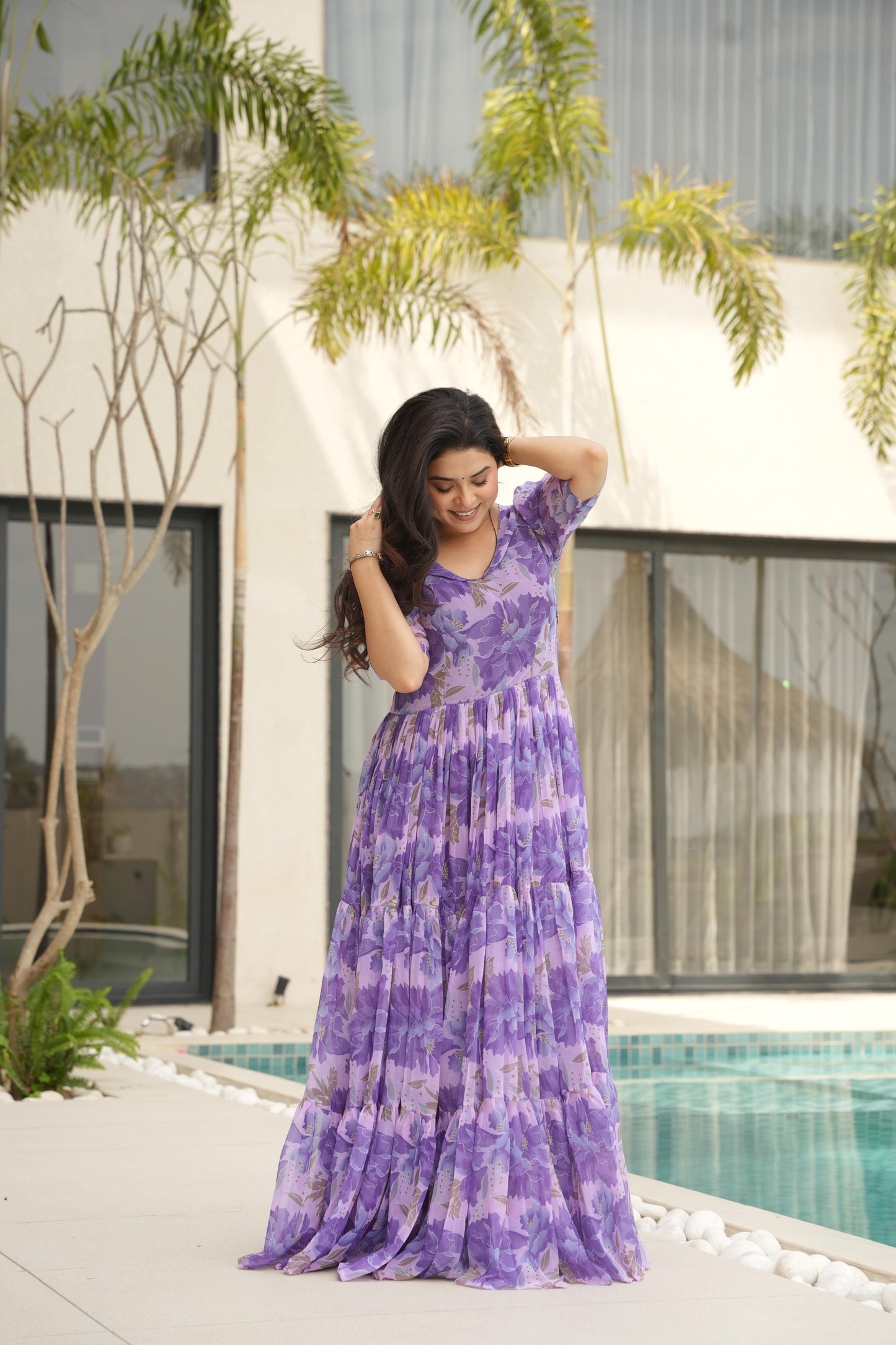 Printed Design Half Sleeves Gown