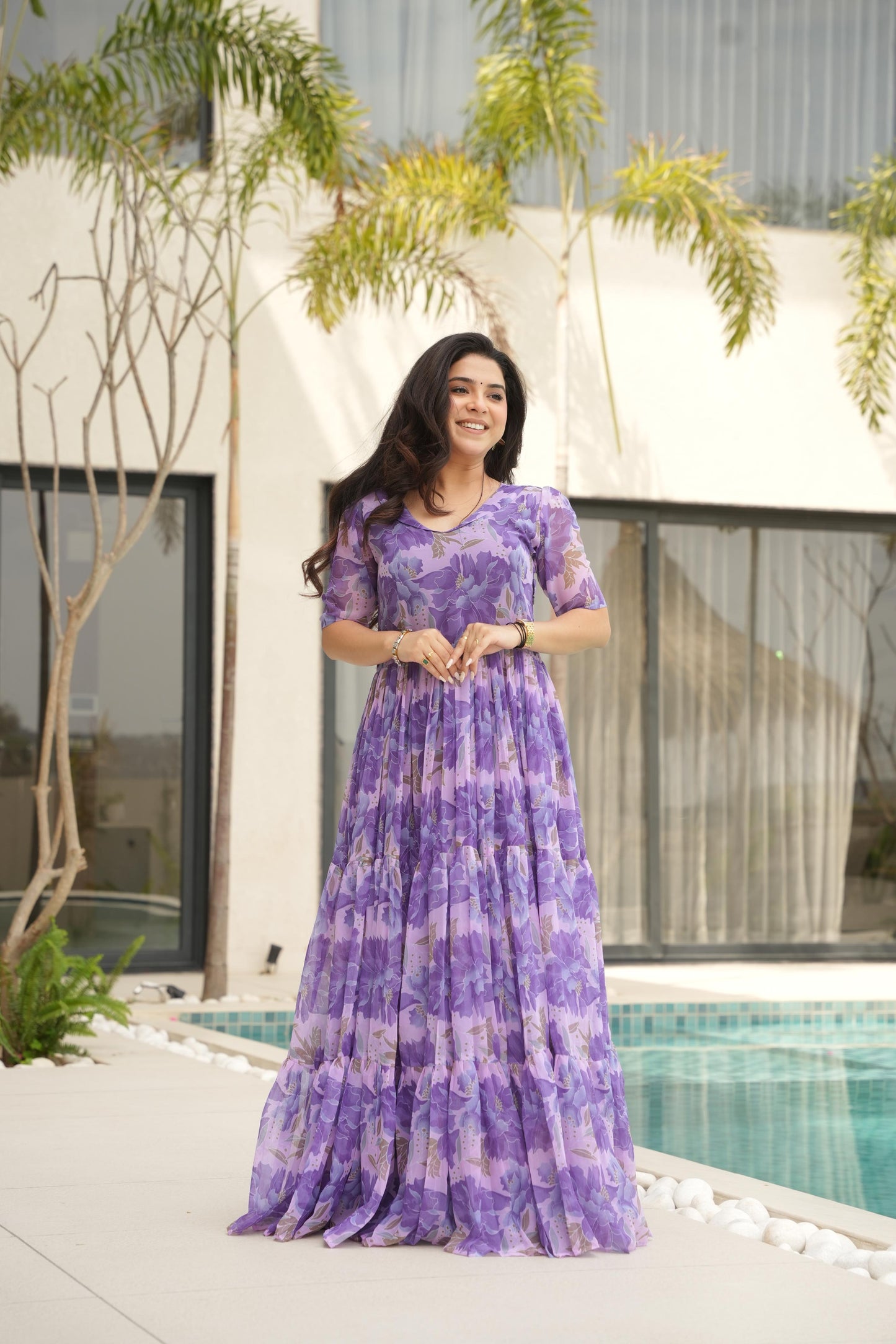Printed Design Half Sleeves Gown