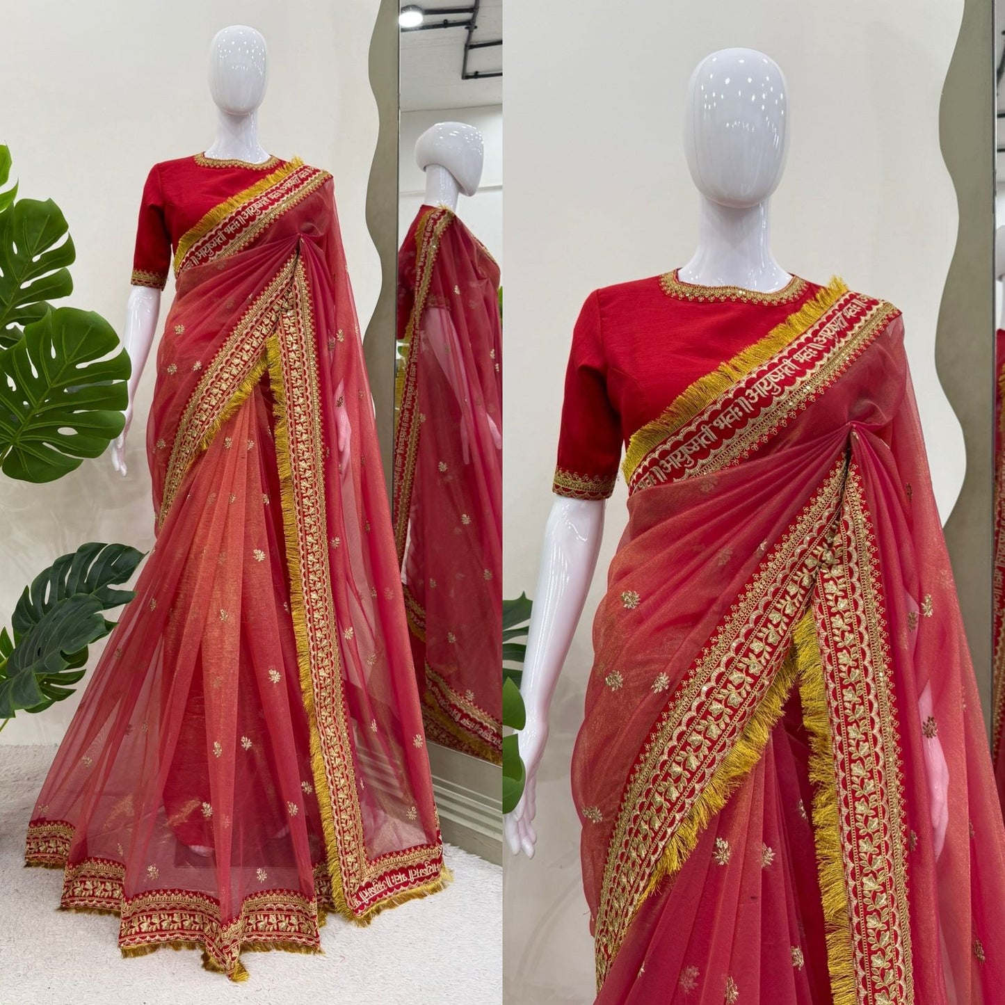 Red Twill Net Sequin Embroidery With Fancy Lace Saree