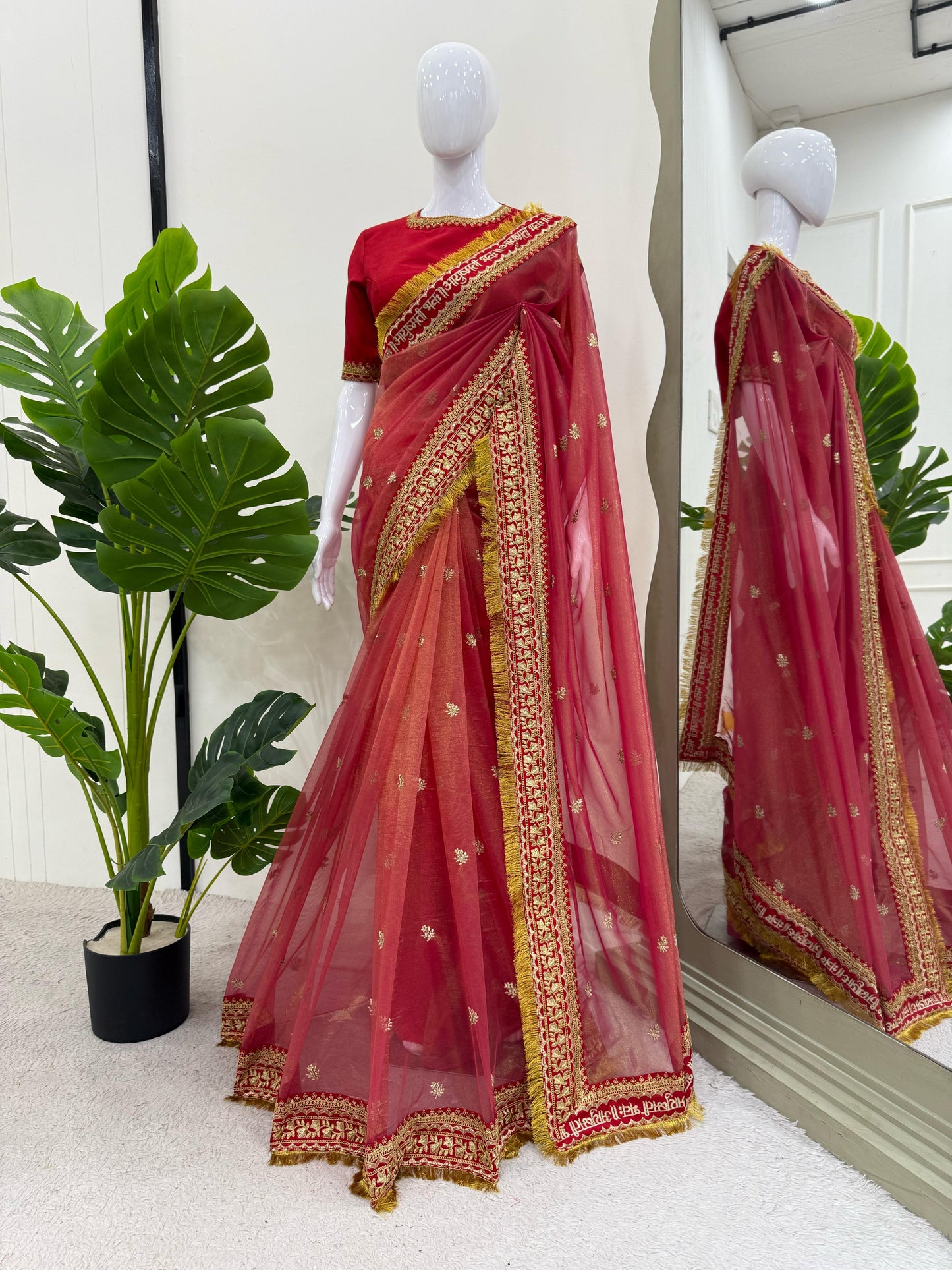 Red Twill Net Sequin Embroidery With Fancy Lace Saree