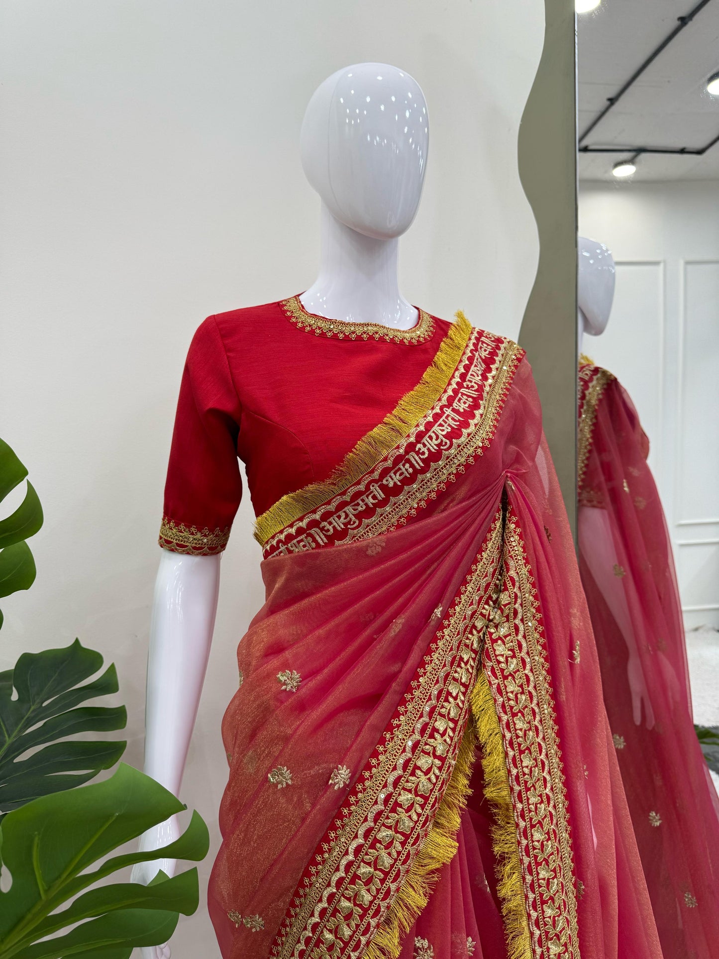 Red Twill Net Sequin Embroidery With Fancy Lace Saree