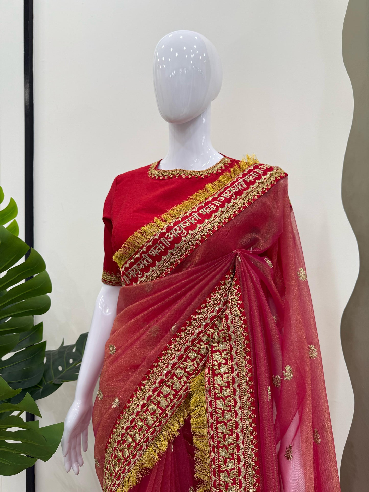 Red Twill Net Sequin Embroidery With Fancy Lace Saree