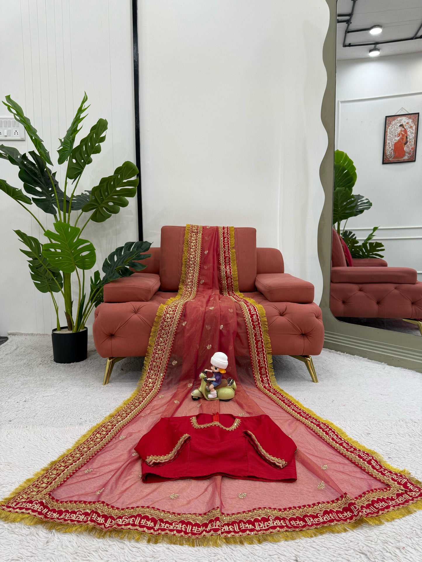 Red Twill Net Sequin Embroidery With Fancy Lace Saree