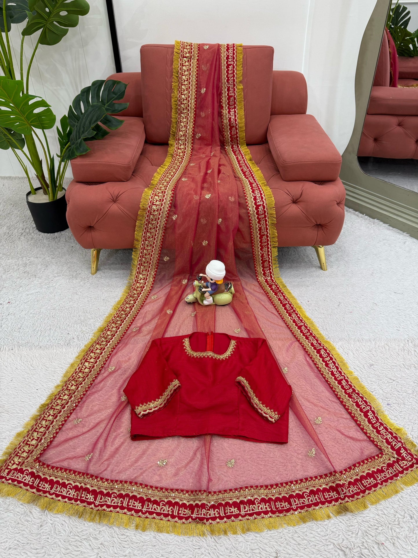 Red Twill Net Sequin Embroidery With Fancy Lace Saree