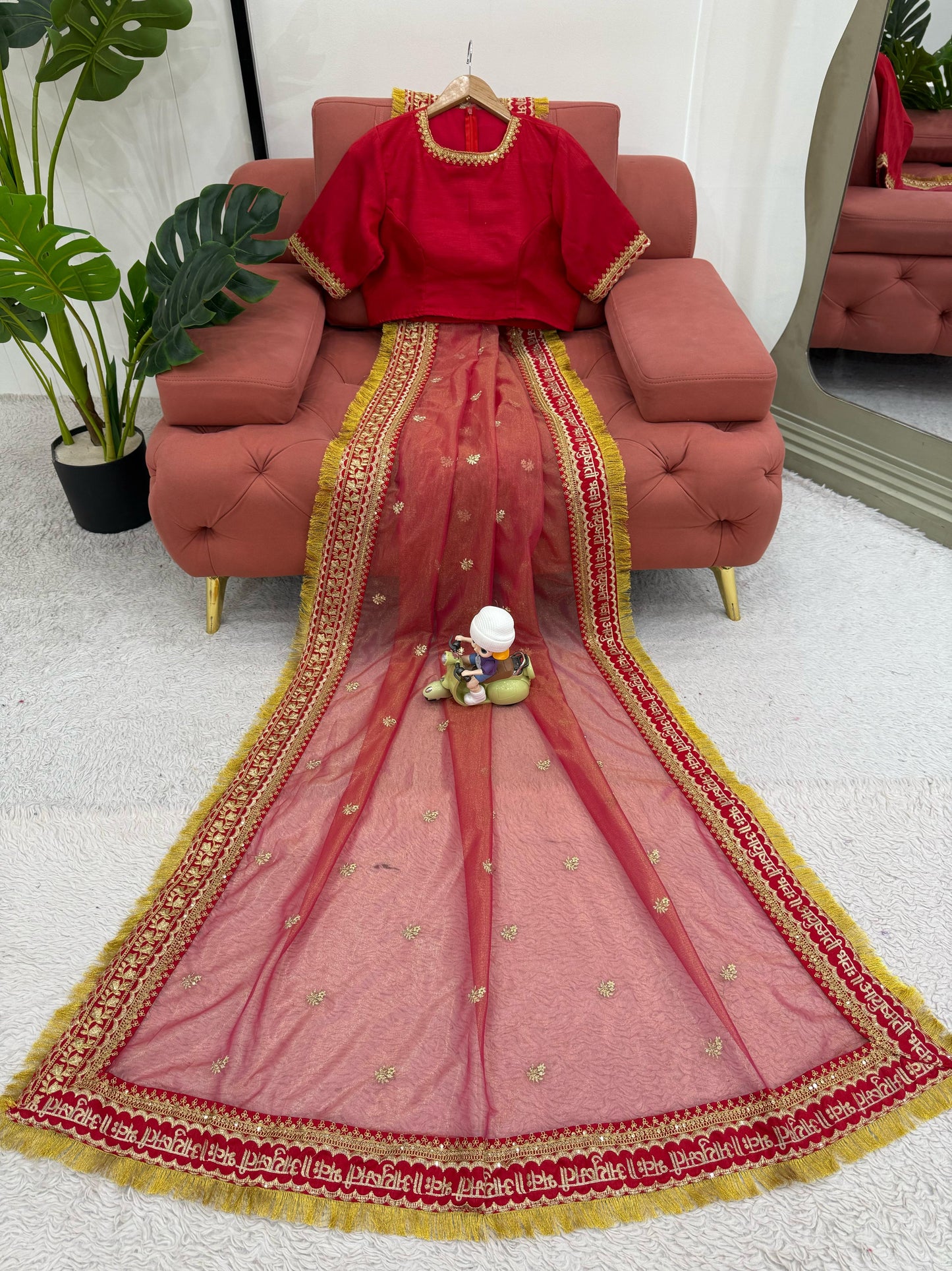 Red Twill Net Sequin Embroidery With Fancy Lace Saree
