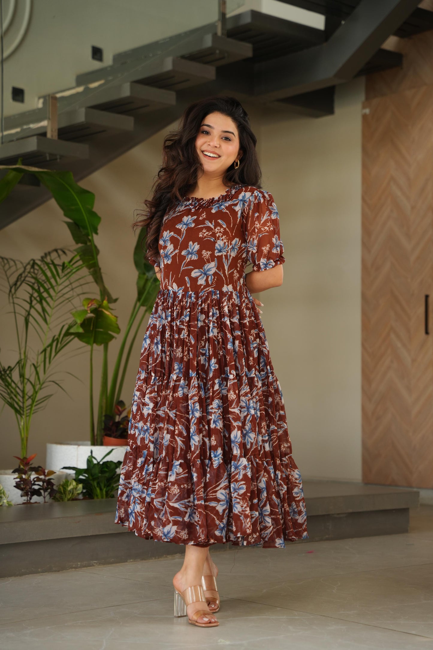 Maroon Faux georgette Printed Gown