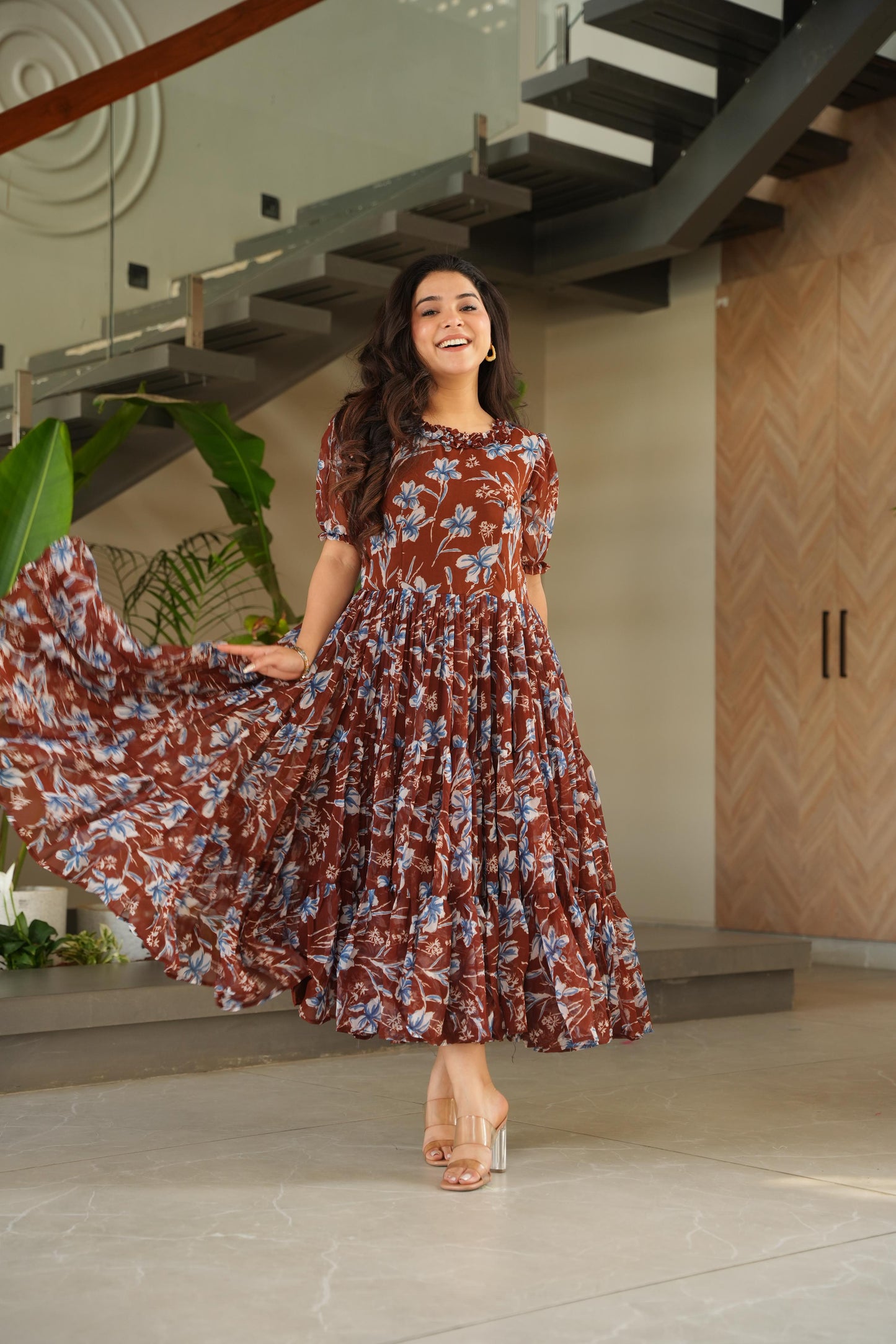 Maroon Faux georgette Printed Gown