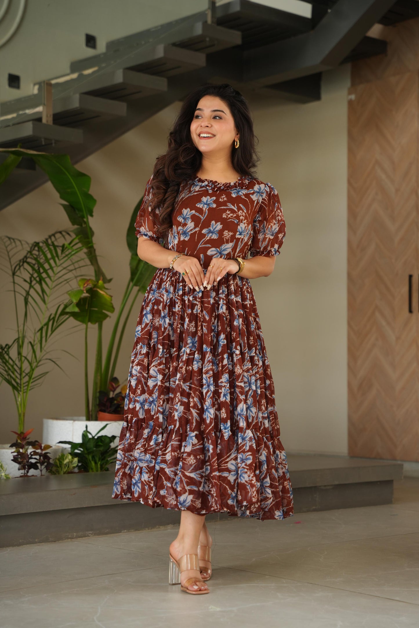 Maroon Faux georgette Printed Gown