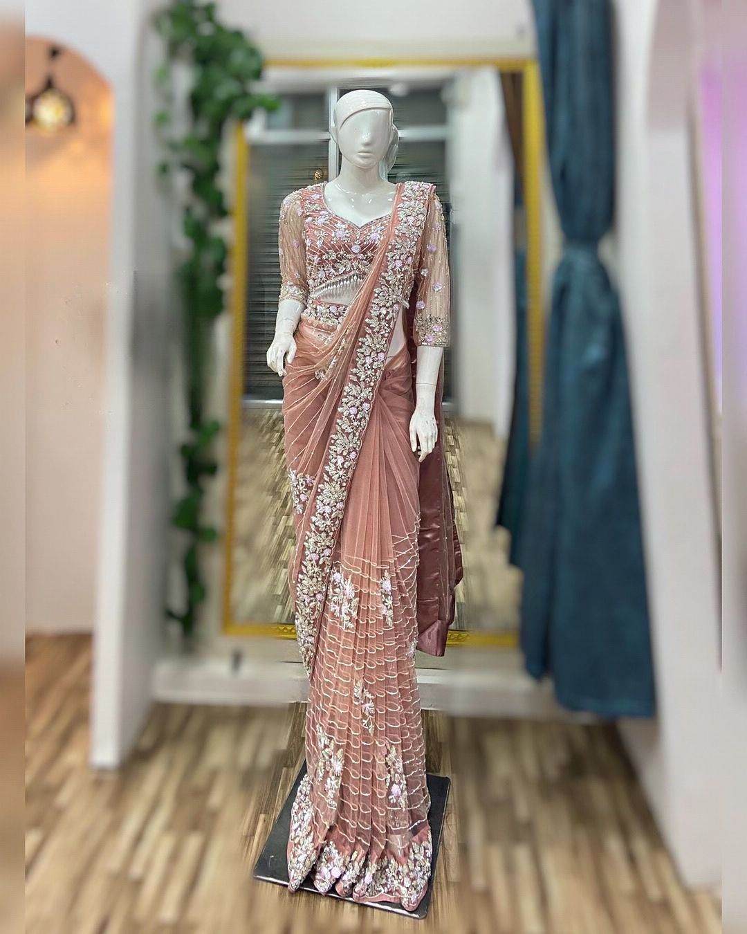 Pink Orange Soft Net Sequin Embroidered