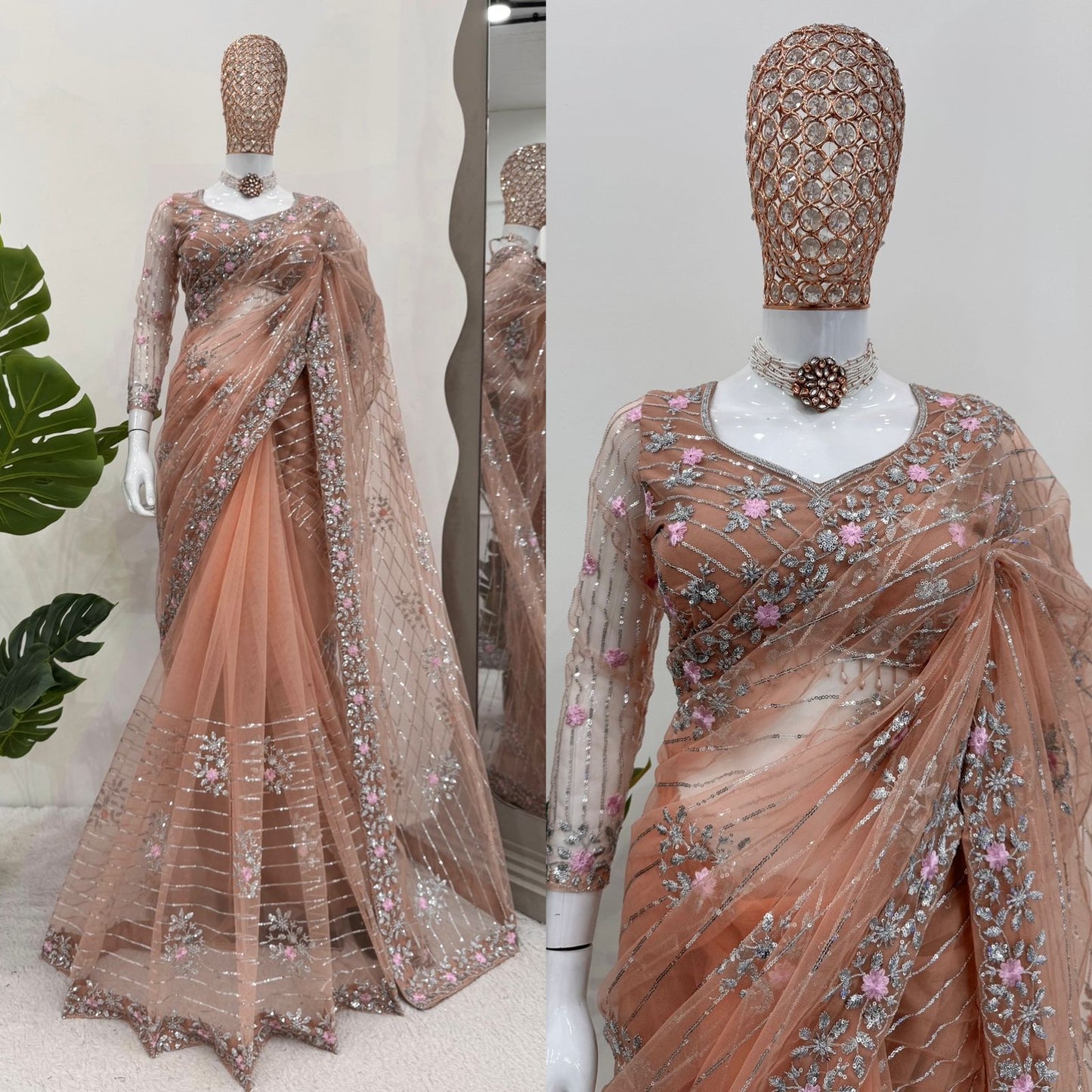 Pink Orange Soft Net Sequin Embroidered