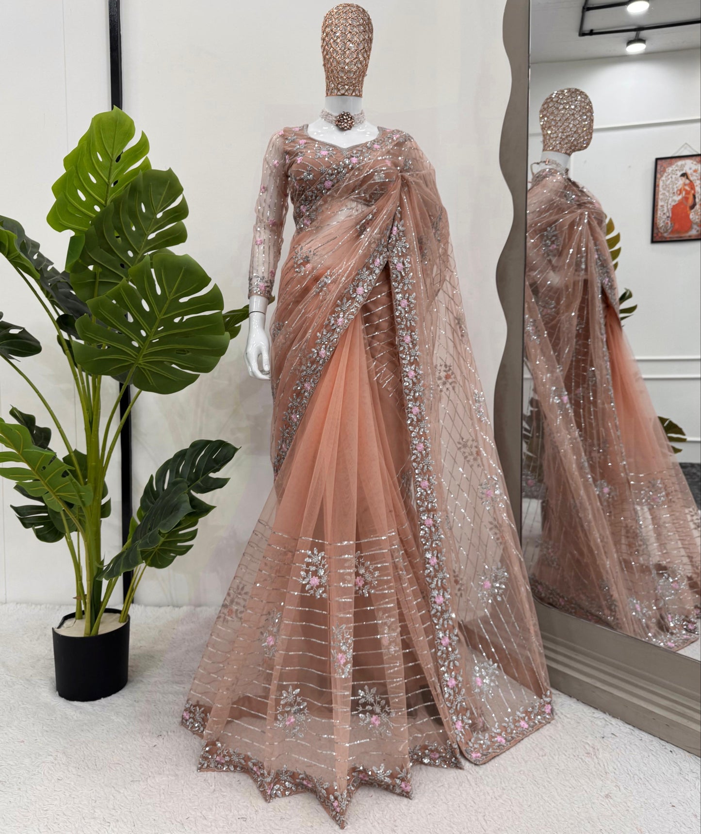 Pink Orange Soft Net Sequin Embroidered