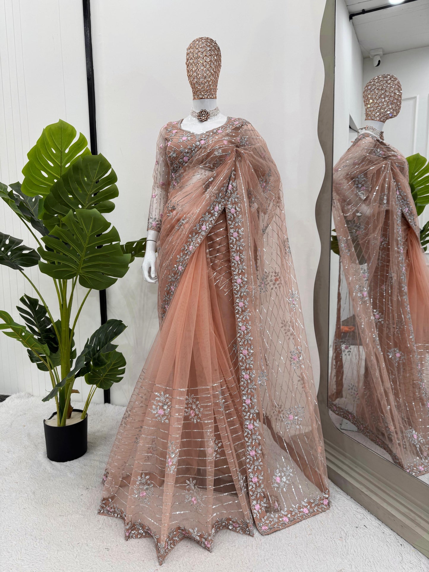Pink Orange Soft Net Sequin Embroidered