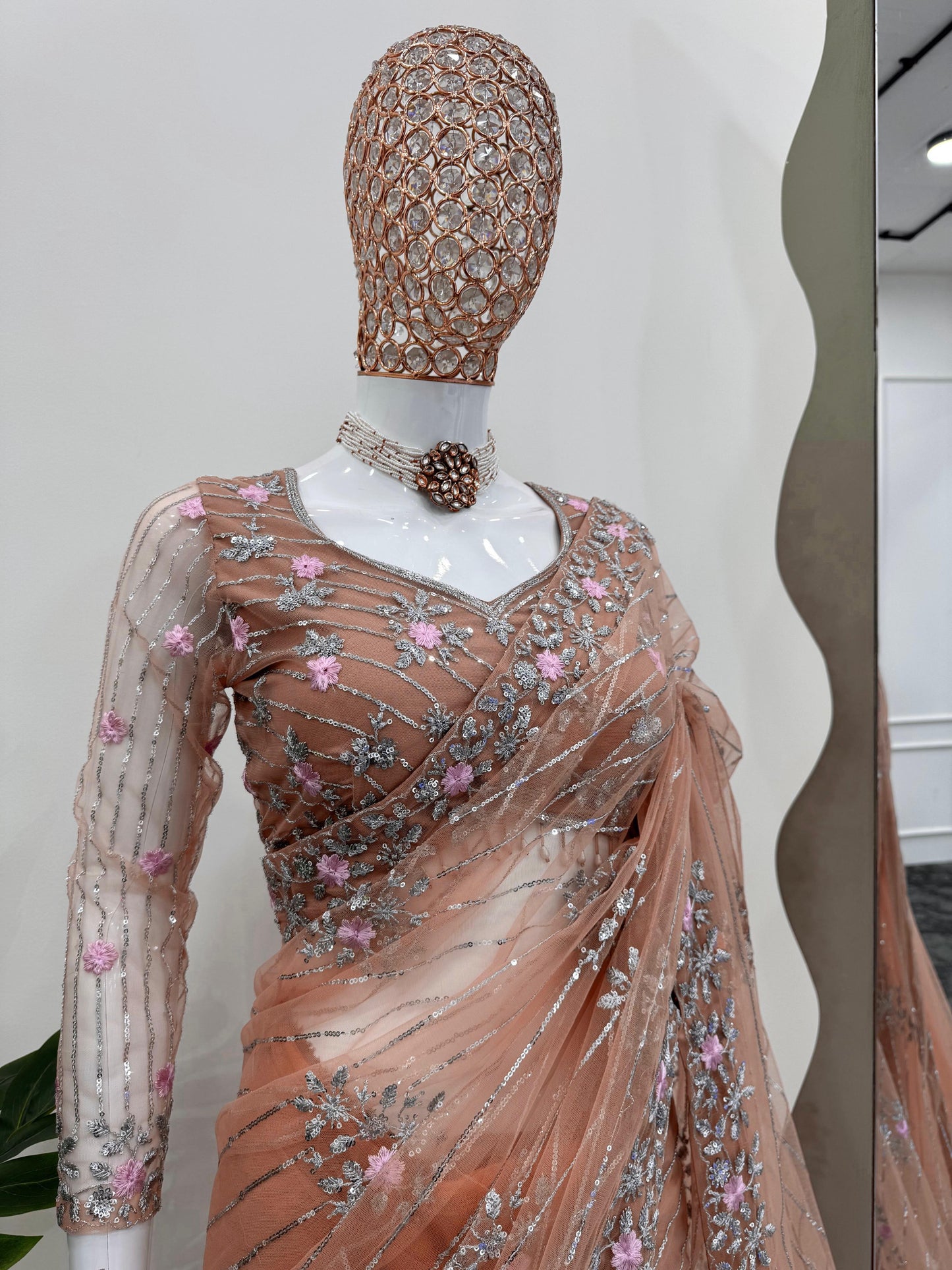 Pink Orange Soft Net Sequin Embroidered
