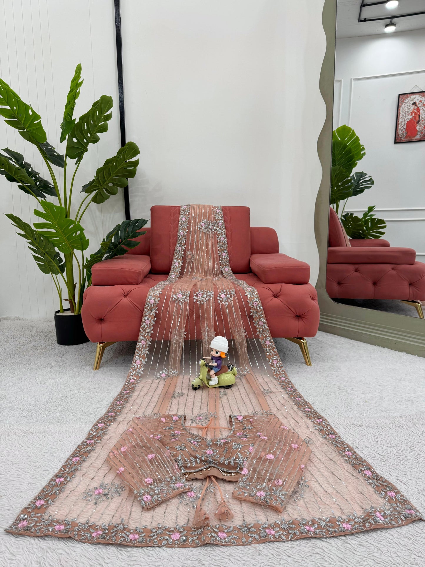 Pink Orange Soft Net Sequin Embroidered