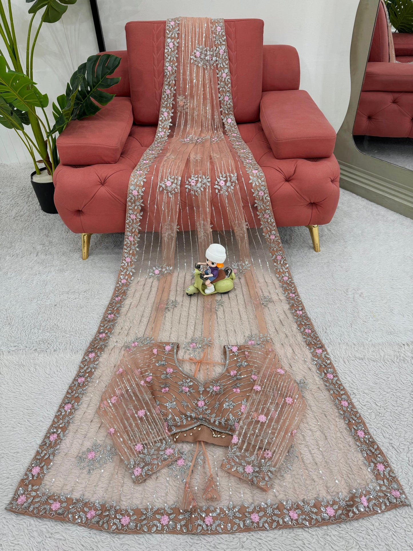 Pink Orange Soft Net Sequin Embroidered