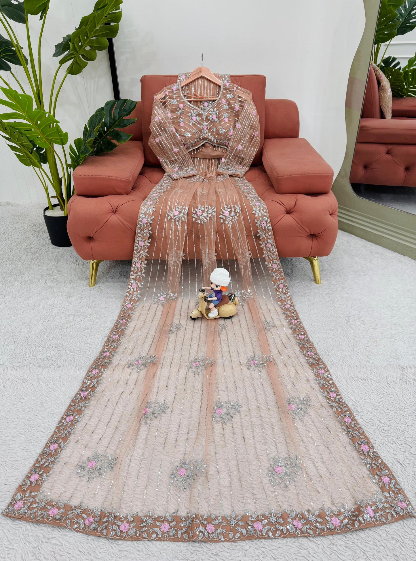 Pink Orange Soft Net Sequin Embroidered