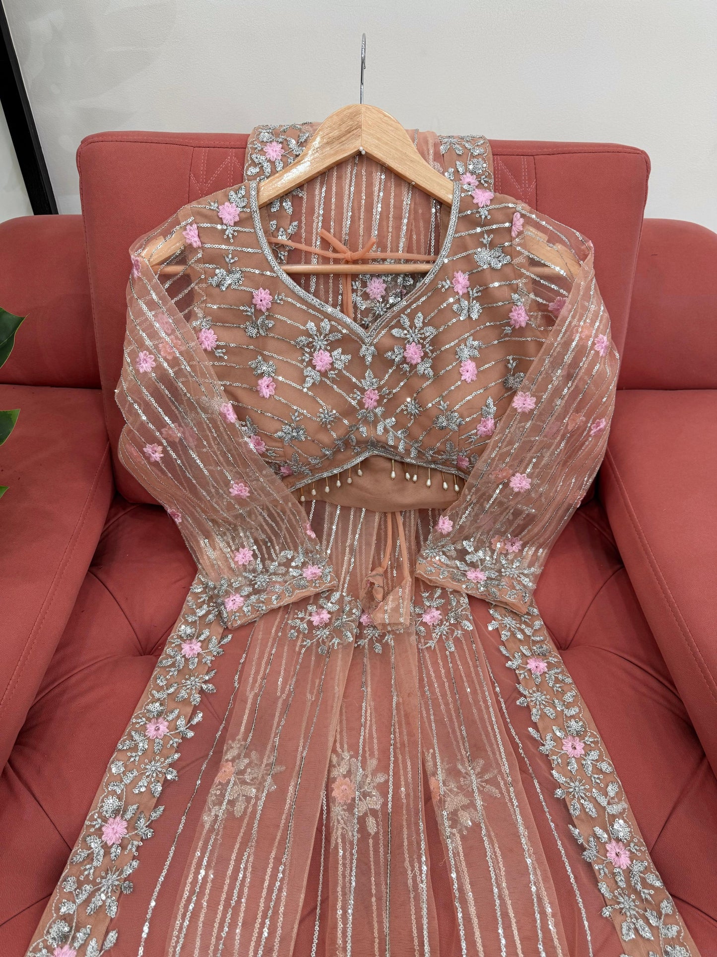 Pink Orange Soft Net Sequin Embroidered