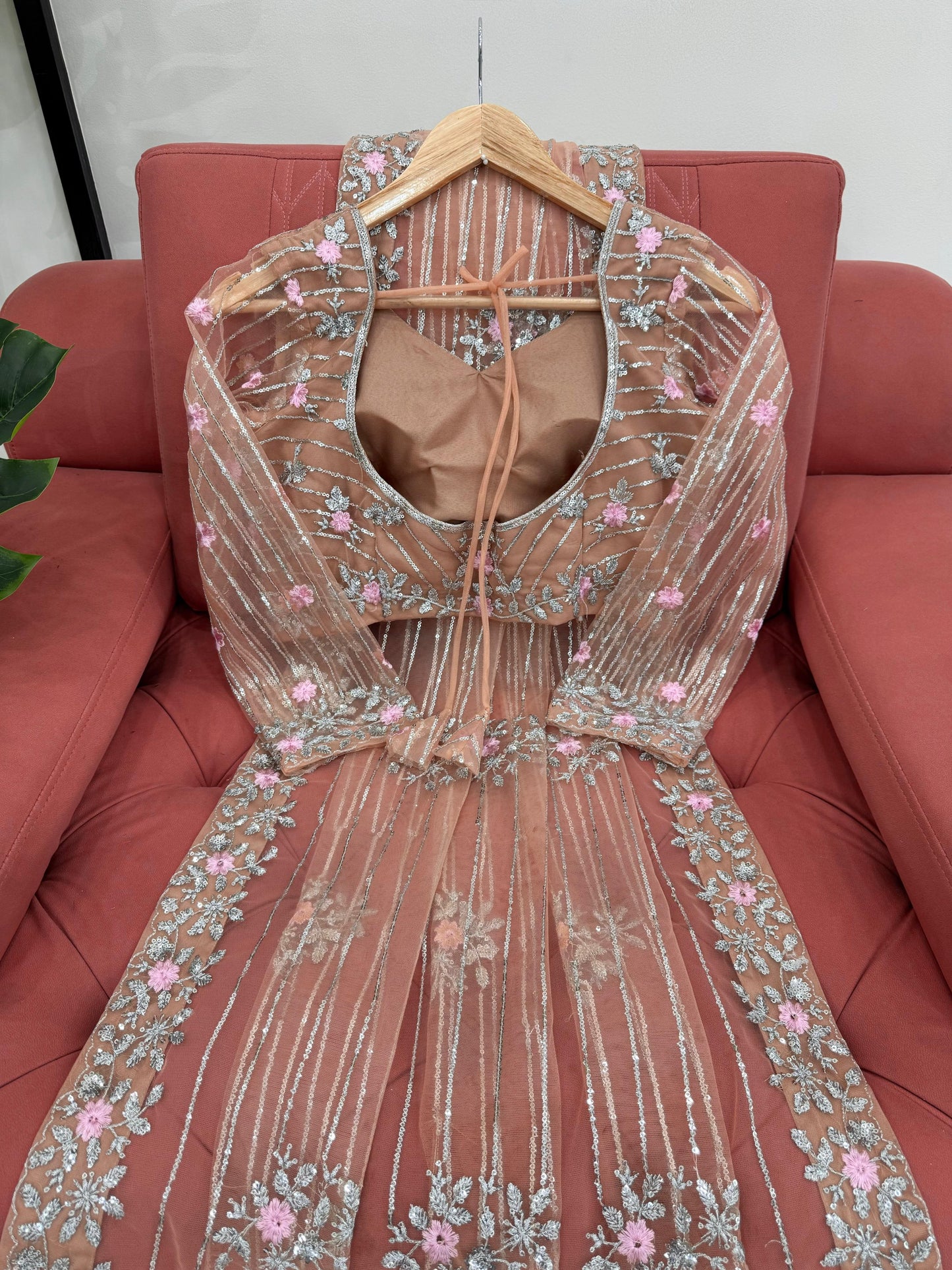 Pink Orange Soft Net Sequin Embroidered