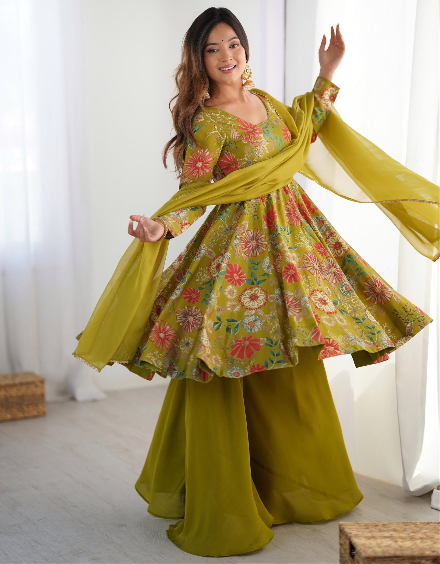 Mahendi Romansilk Chanderi with Discharge Print Kediya kurta Set