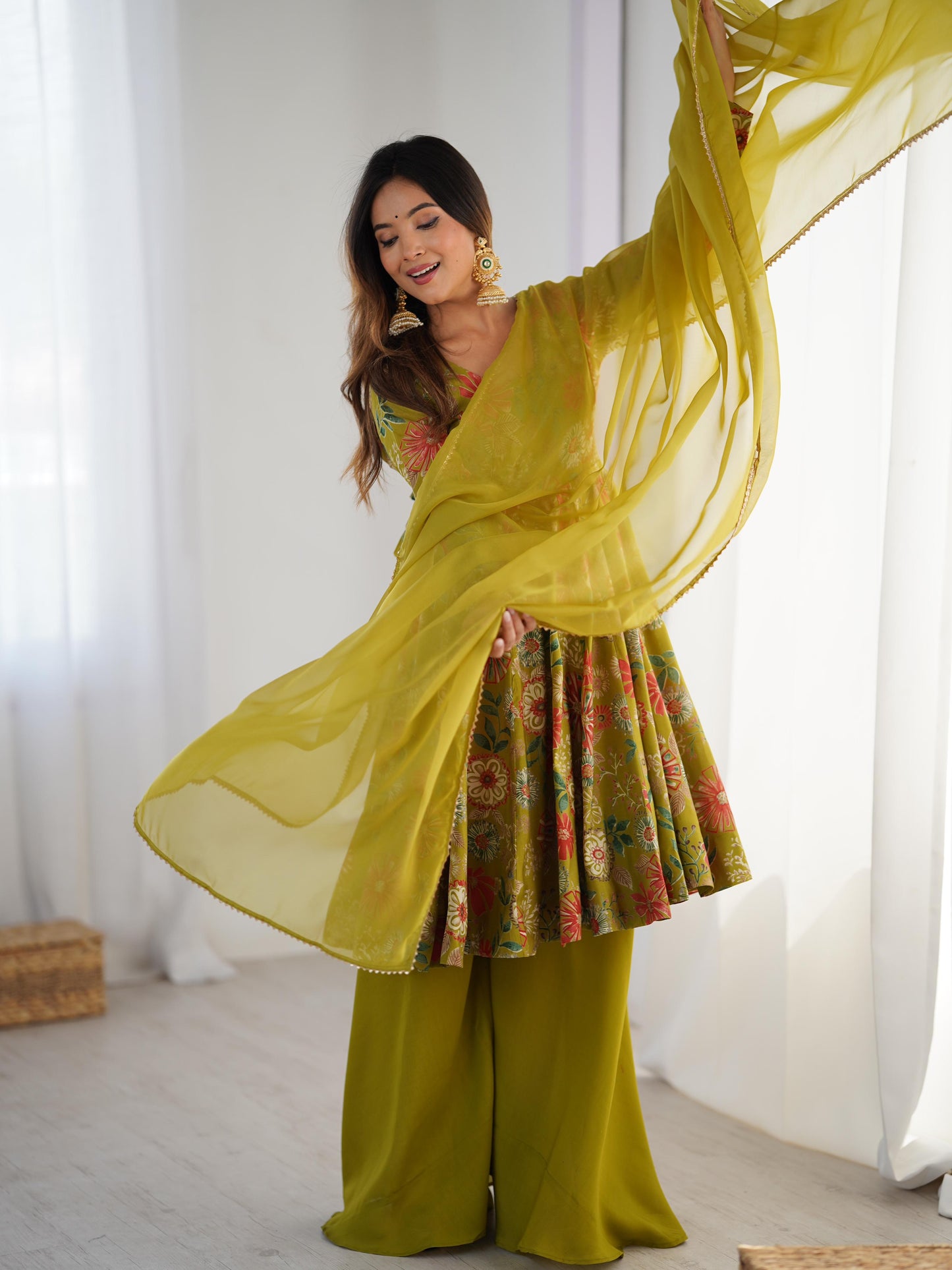 Mahendi Romansilk Chanderi with Discharge Print Kediya kurta Set