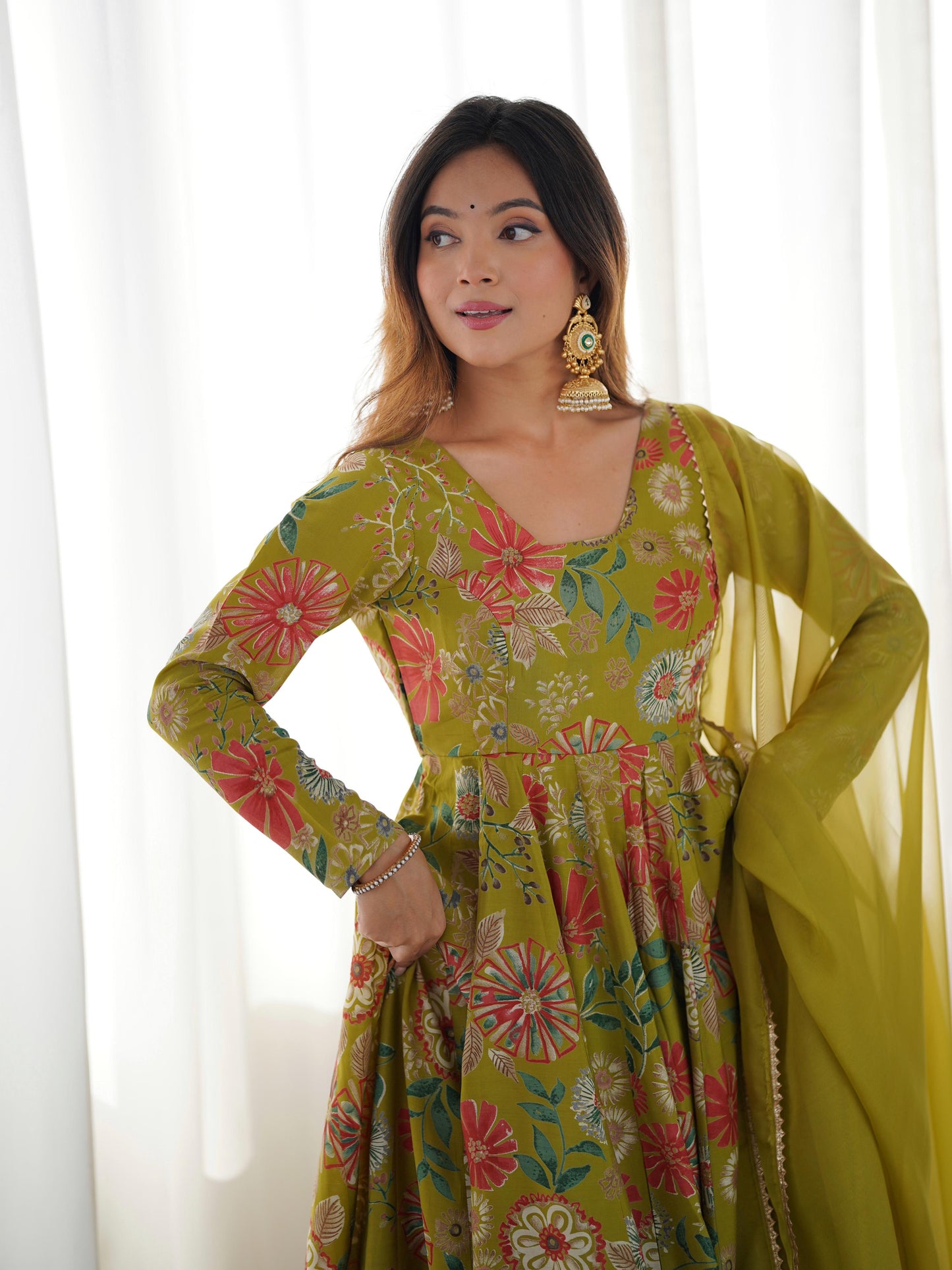 Mahendi Romansilk Chanderi with Discharge Print Kediya kurta Set