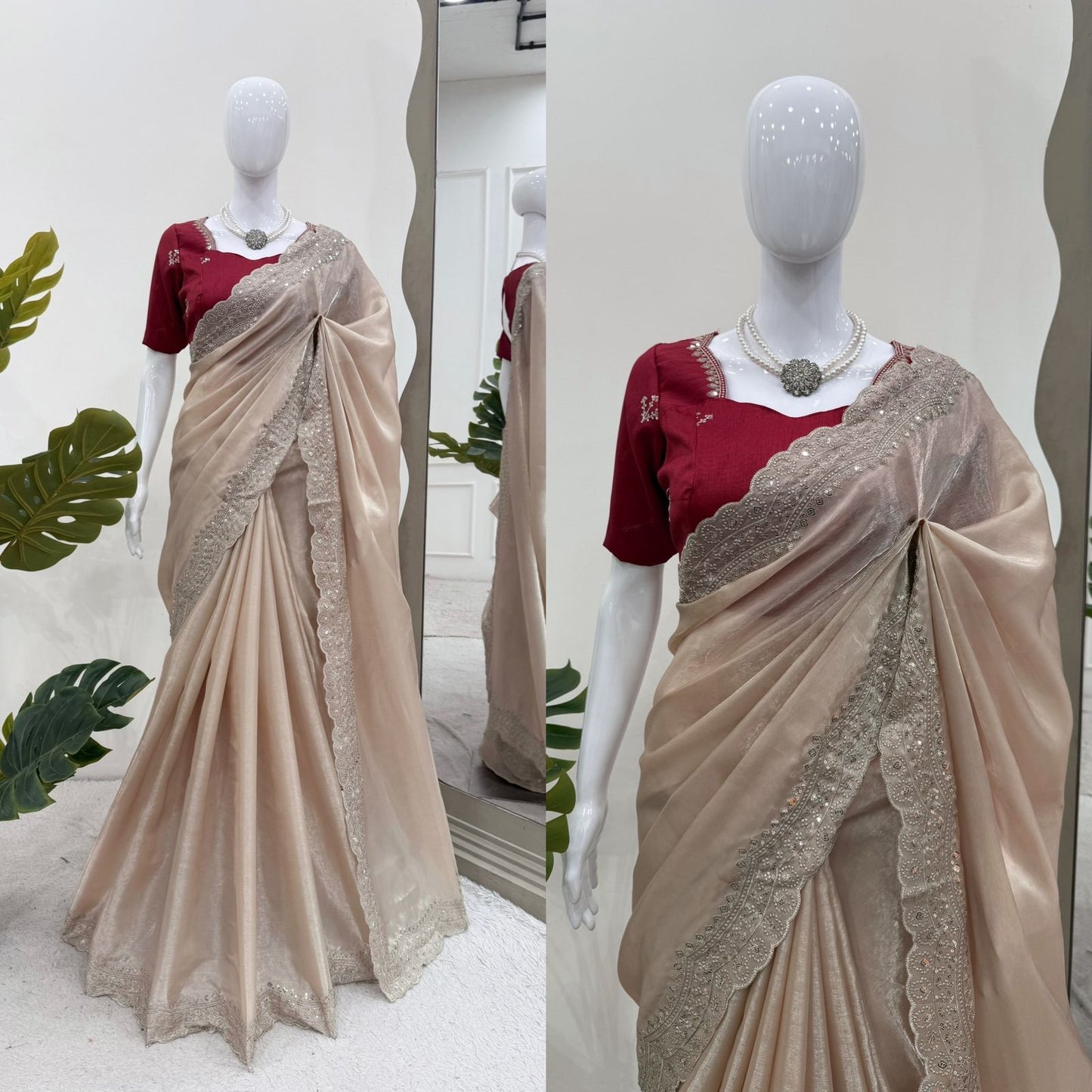 Cream Premium Jimmy Chu Elegant Thread Work Saree