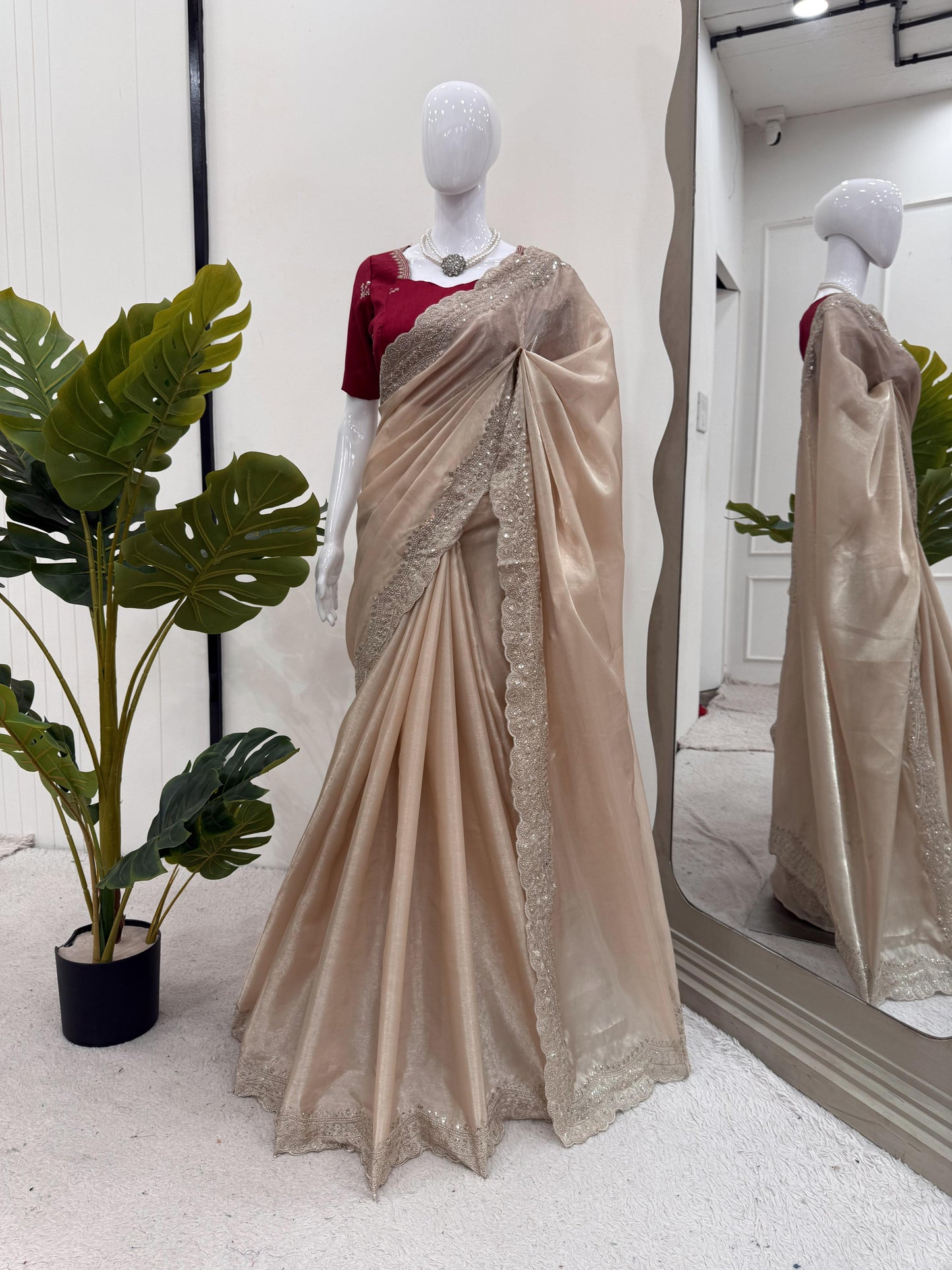 Cream Premium Jimmy Chu Elegant Thread Work Saree