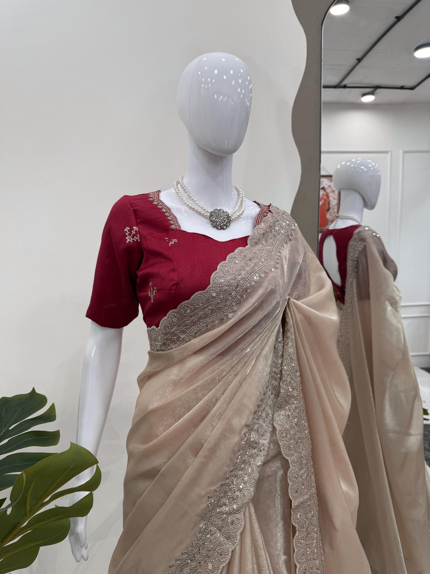 Cream Premium Jimmy Chu Elegant Thread Work Saree