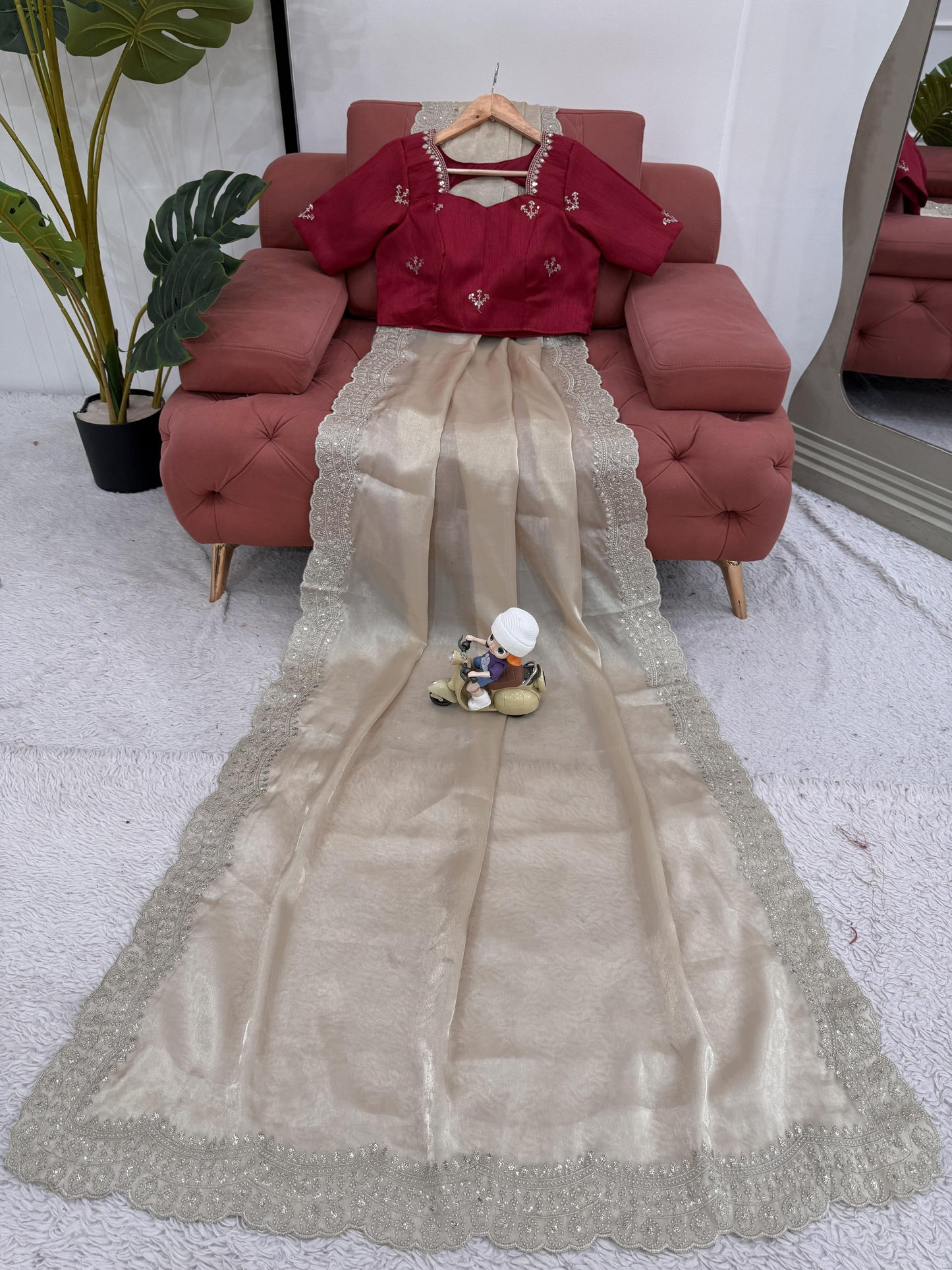 Cream Premium Jimmy Chu Elegant Thread Work Saree
