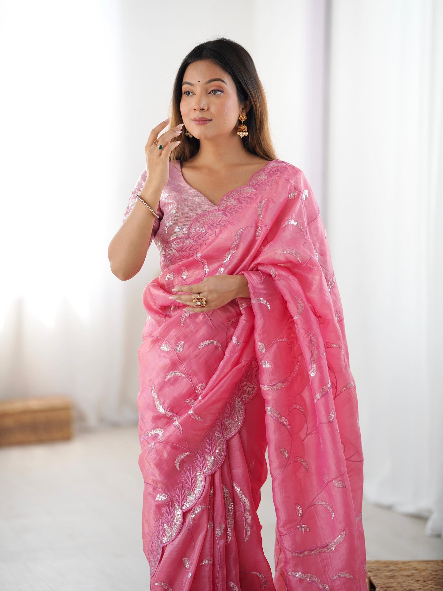 Gold Crush Sequin Embroidery Work Saree