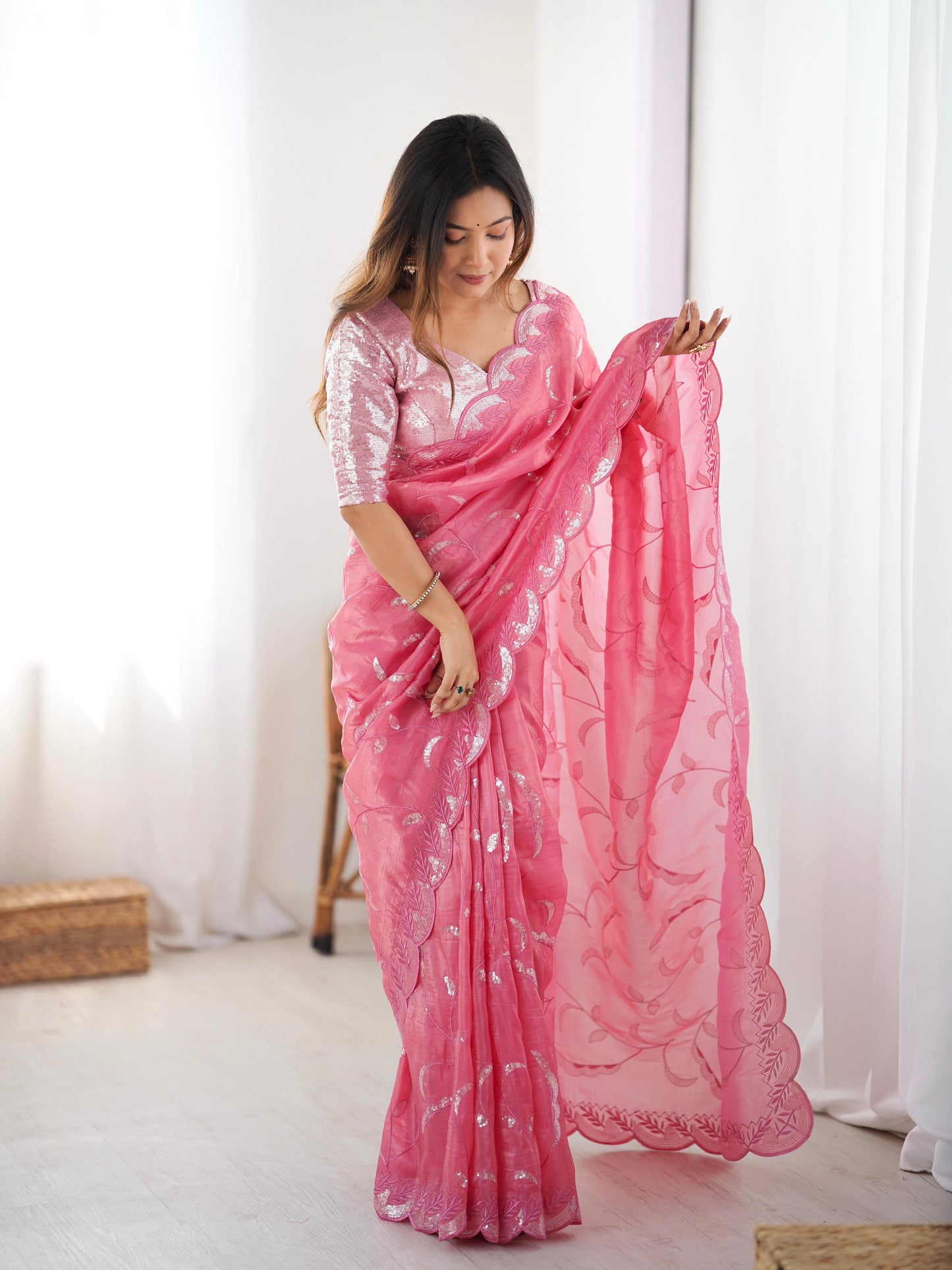 Gold Crush Sequin Embroidery Work Saree