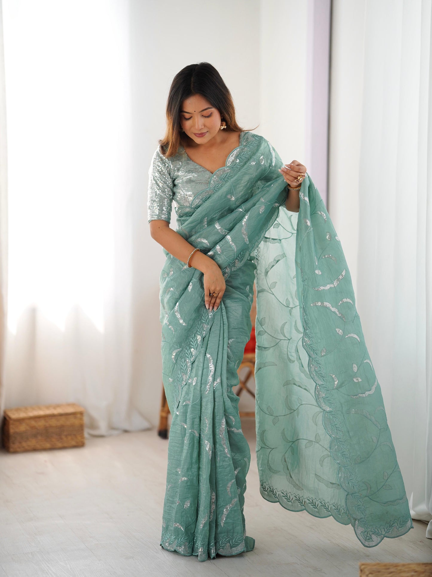 Gold Crush Sequin Embroidery Work Saree