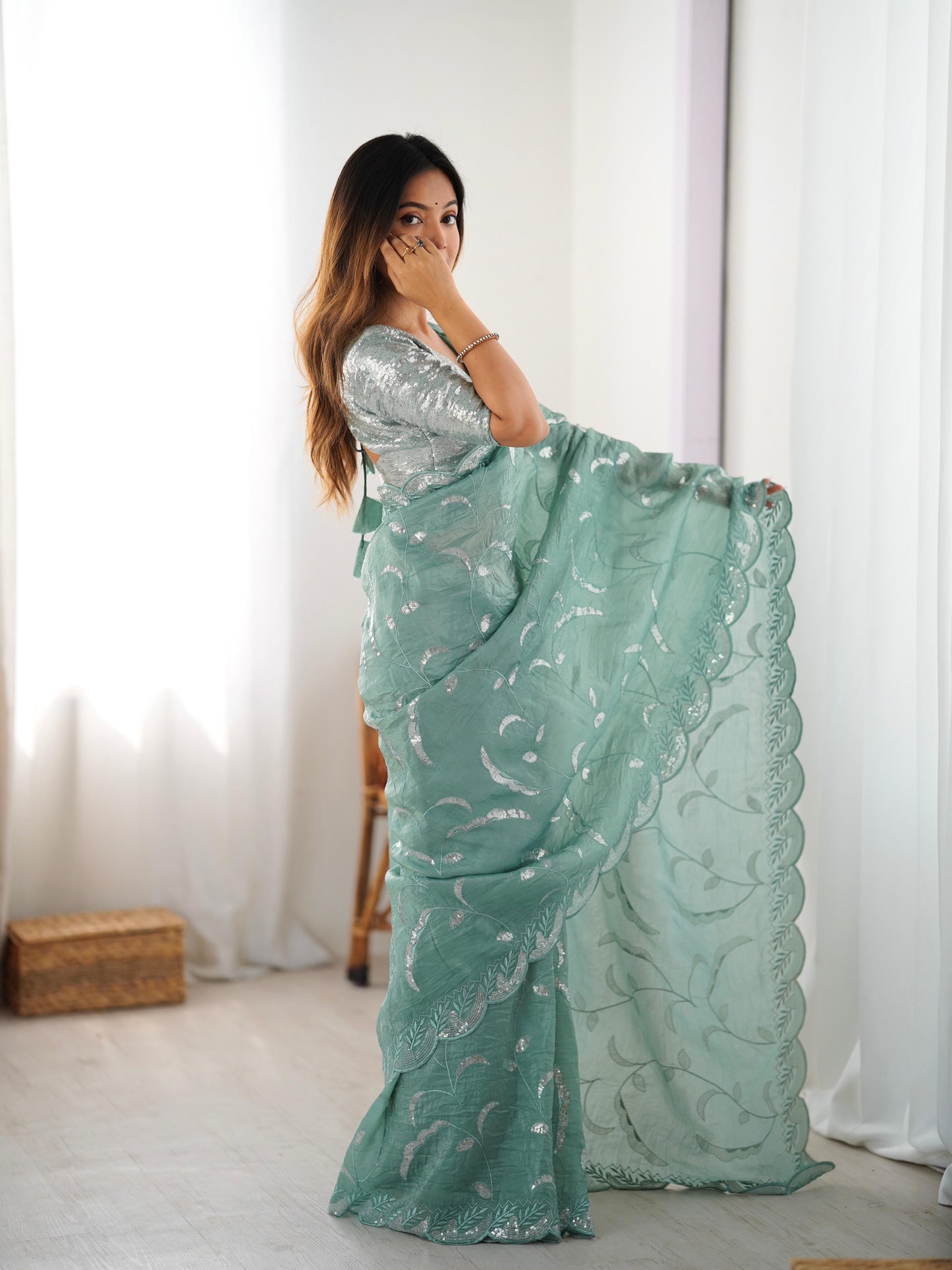 Gold Crush Sequin Embroidery Work Saree