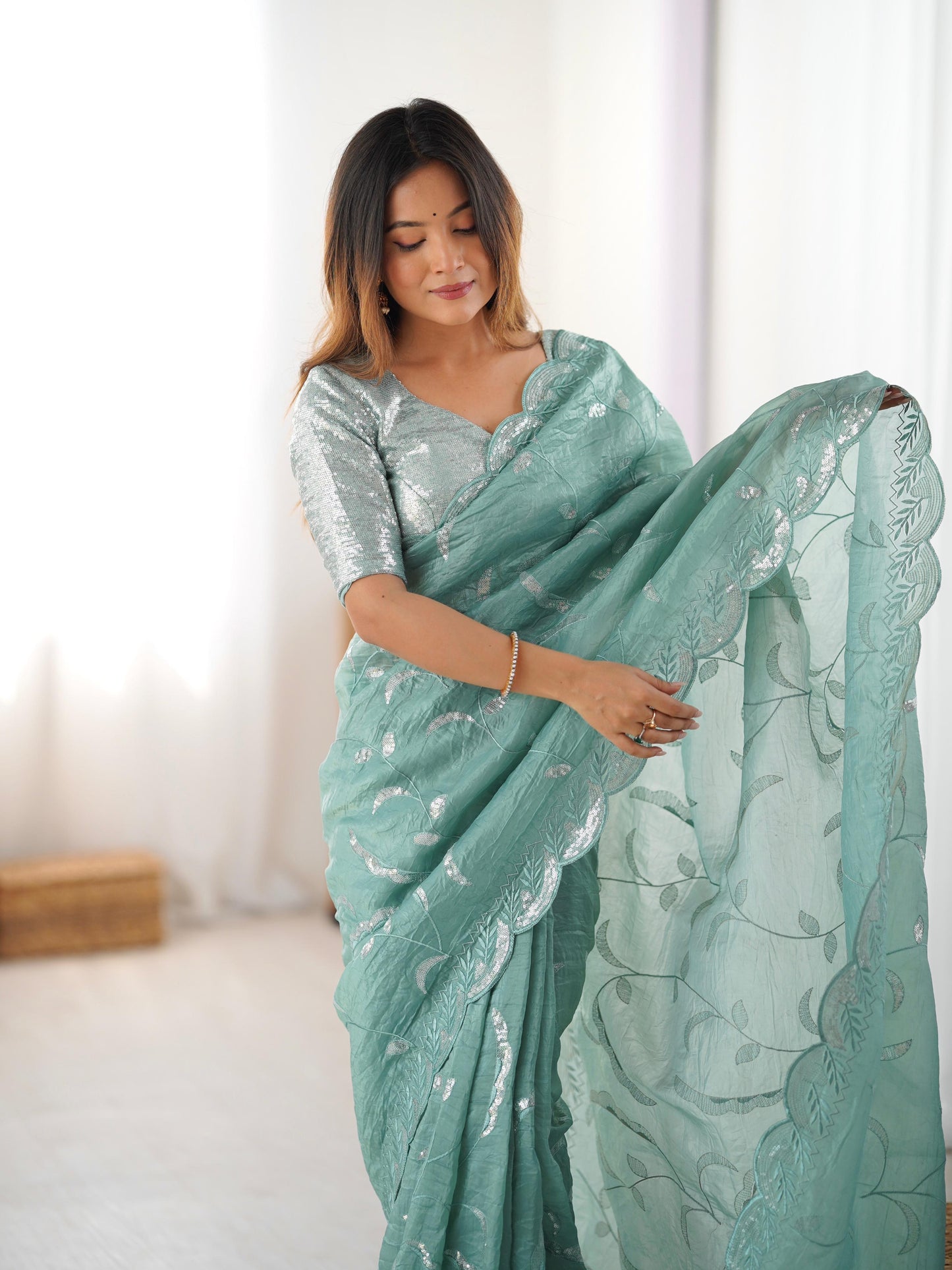 Gold Crush Sequin Embroidery Work Saree