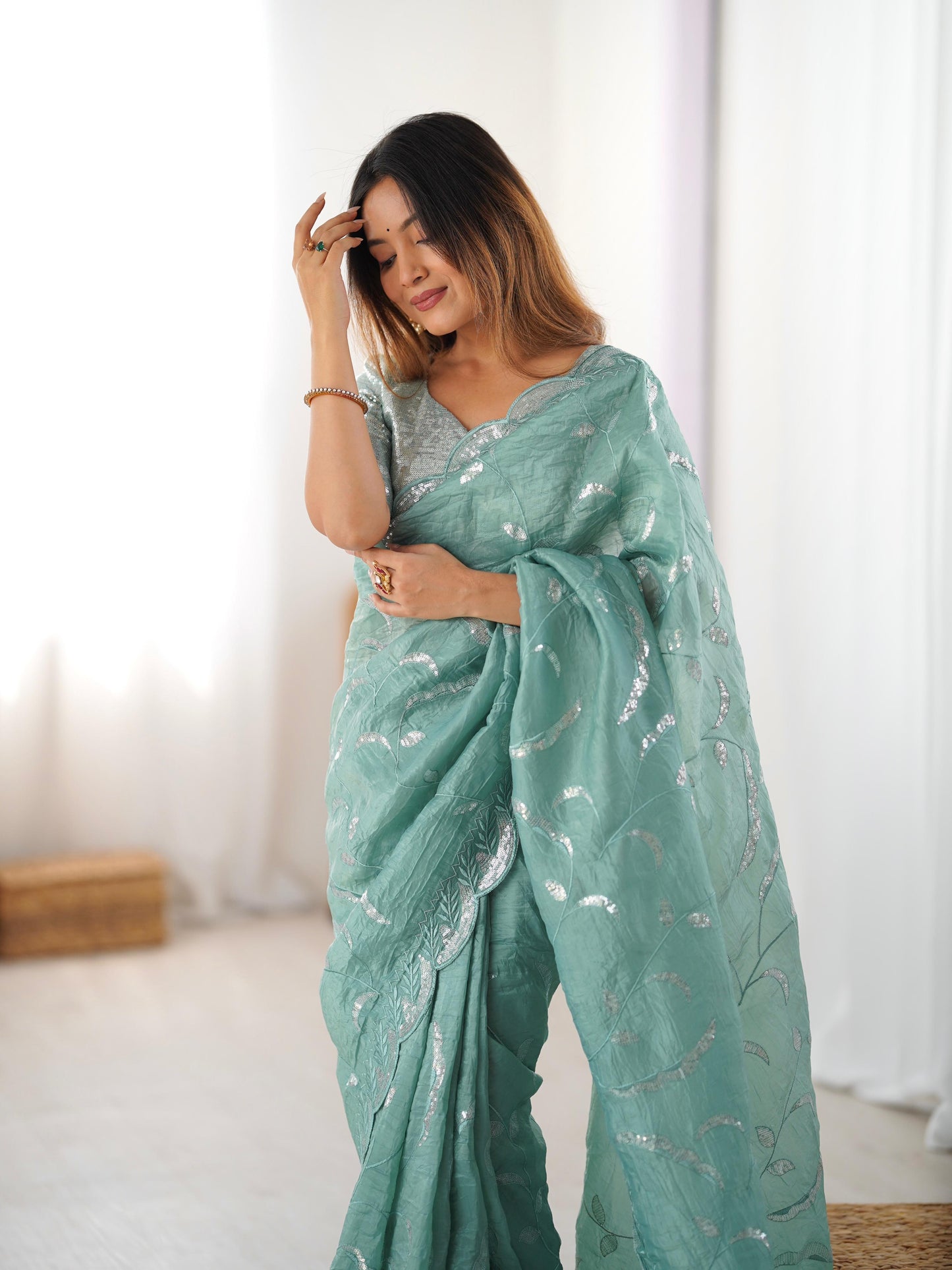 Gold Crush Sequin Embroidery Work Saree