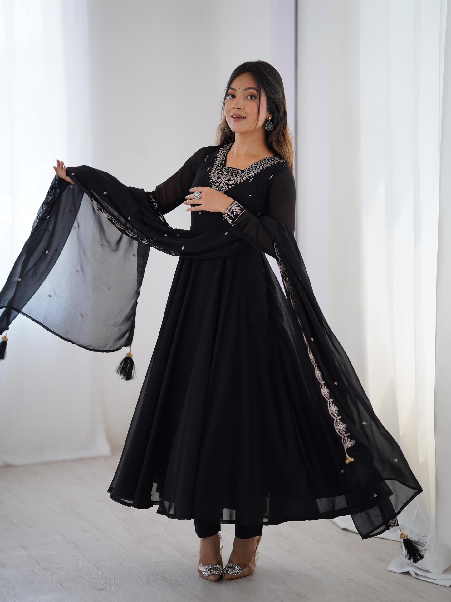 Black Soft Fox Georgette With Fancy Embroidery 3pc Kurta Set