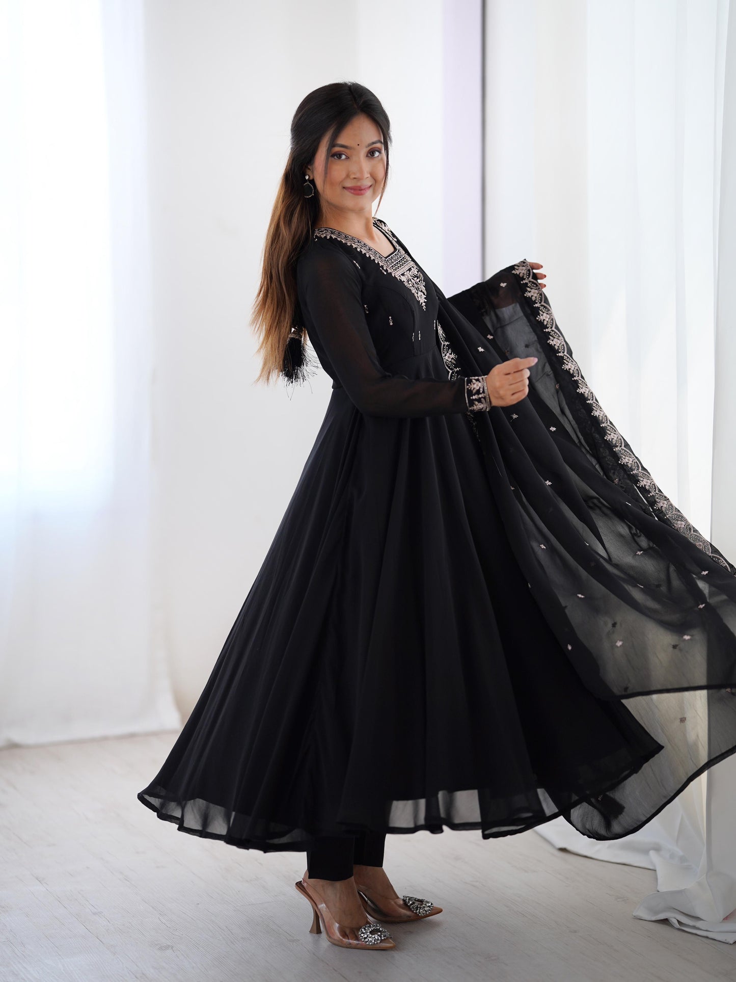 Black Soft Fox Georgette With Fancy Embroidery 3pc Kurta Set