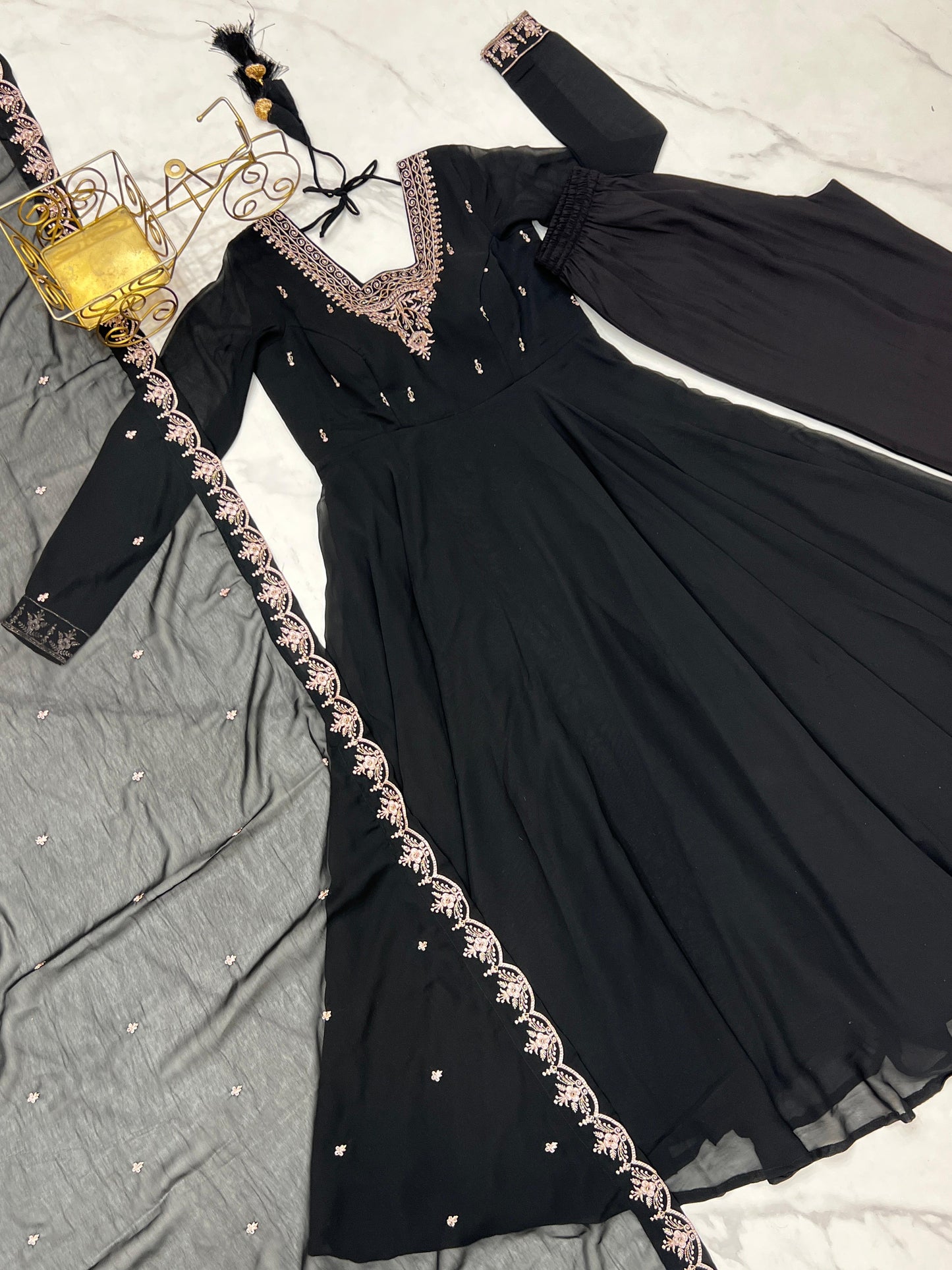 Black Soft Fox Georgette With Fancy Embroidery 3pc Kurta Set