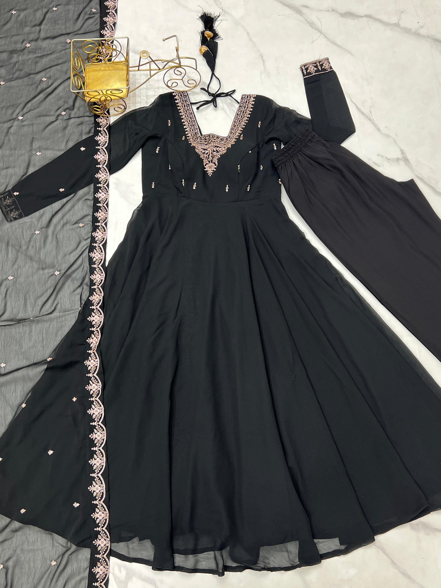Black Soft Fox Georgette With Fancy Embroidery 3pc Kurta Set